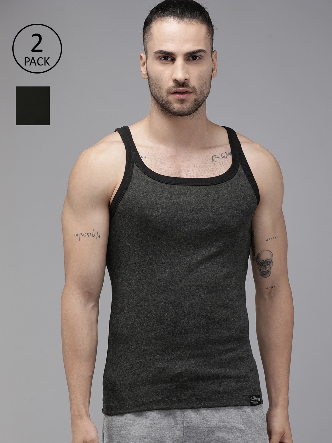 

Roadster Men Pack of 2 Solid Innerwear Vests RDST-RB-PK1-003A, Charcoal