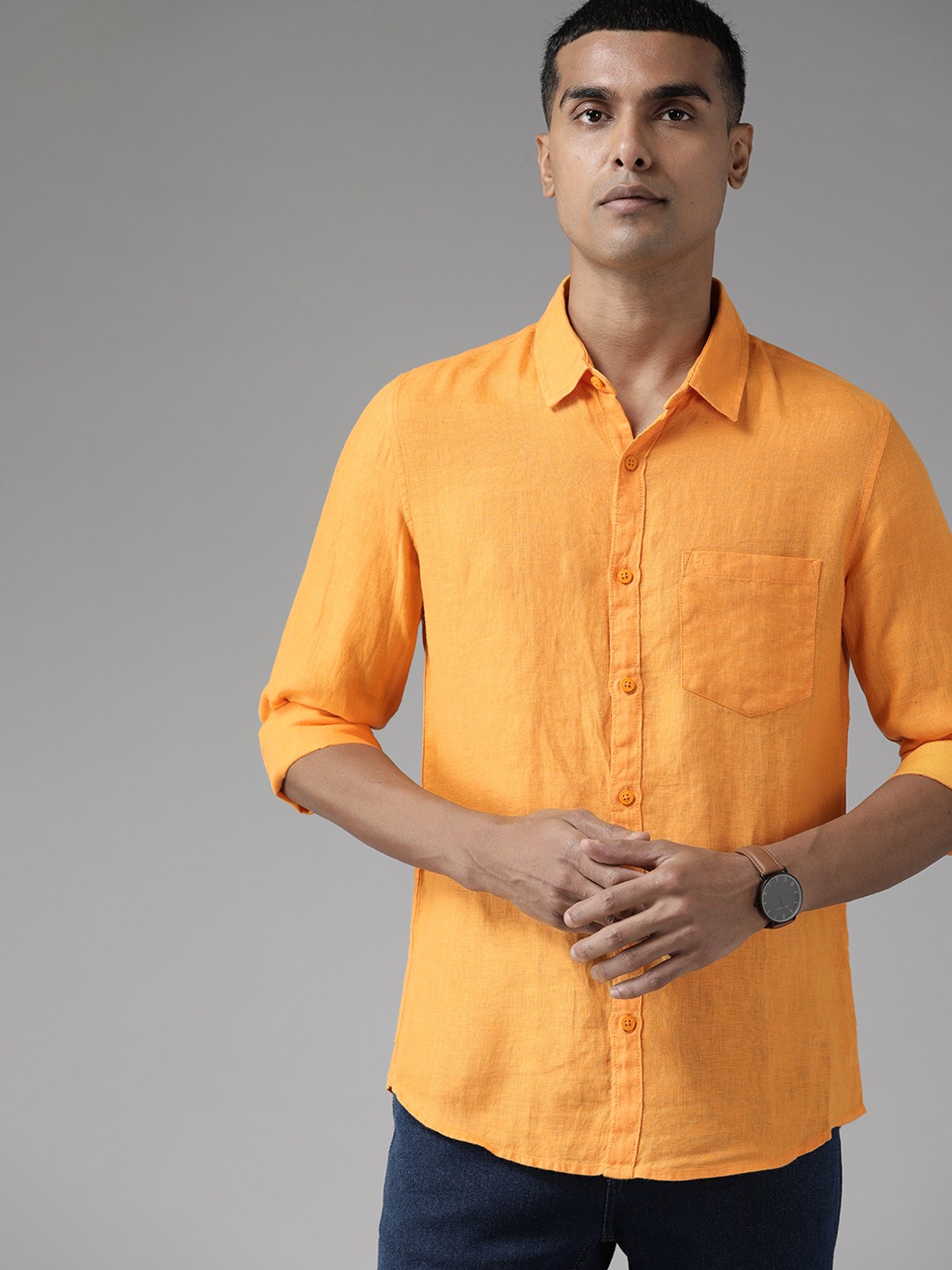

SPYKAR Men Orange Pure Linen Slim Fit Casual Shirt