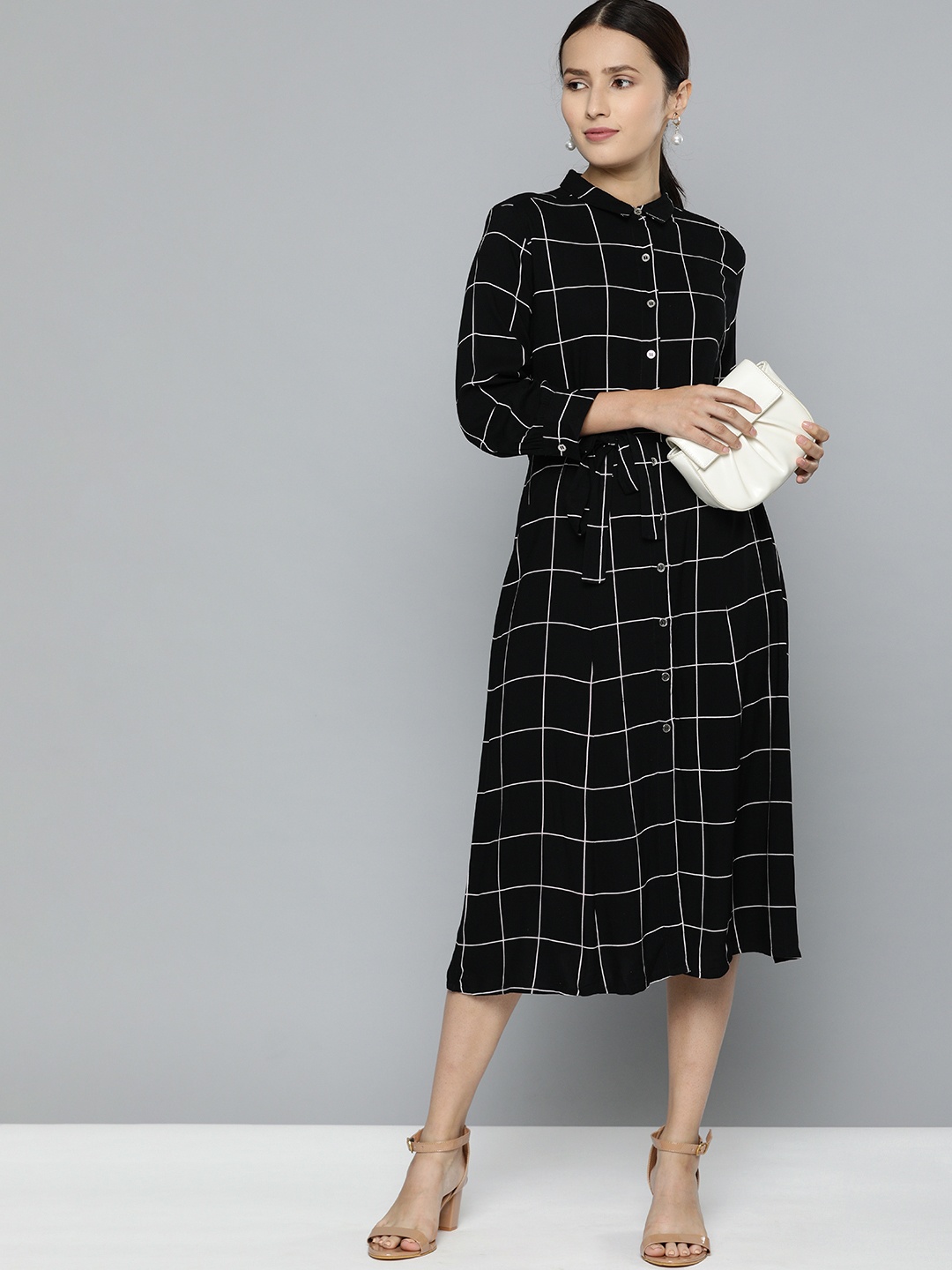 

Chemistry Black & White Checked Midi Shirt Dress With Belt