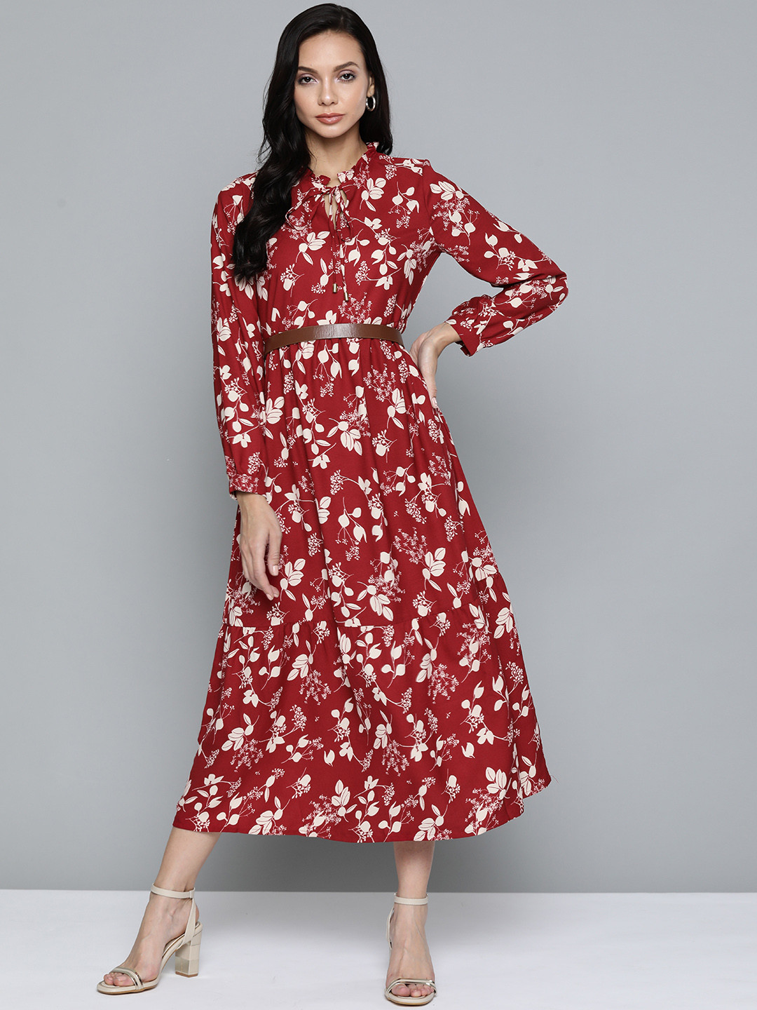 

Chemistry Maroon & Off-White Floral Tie-Up Neck A-Line Midi Dress
