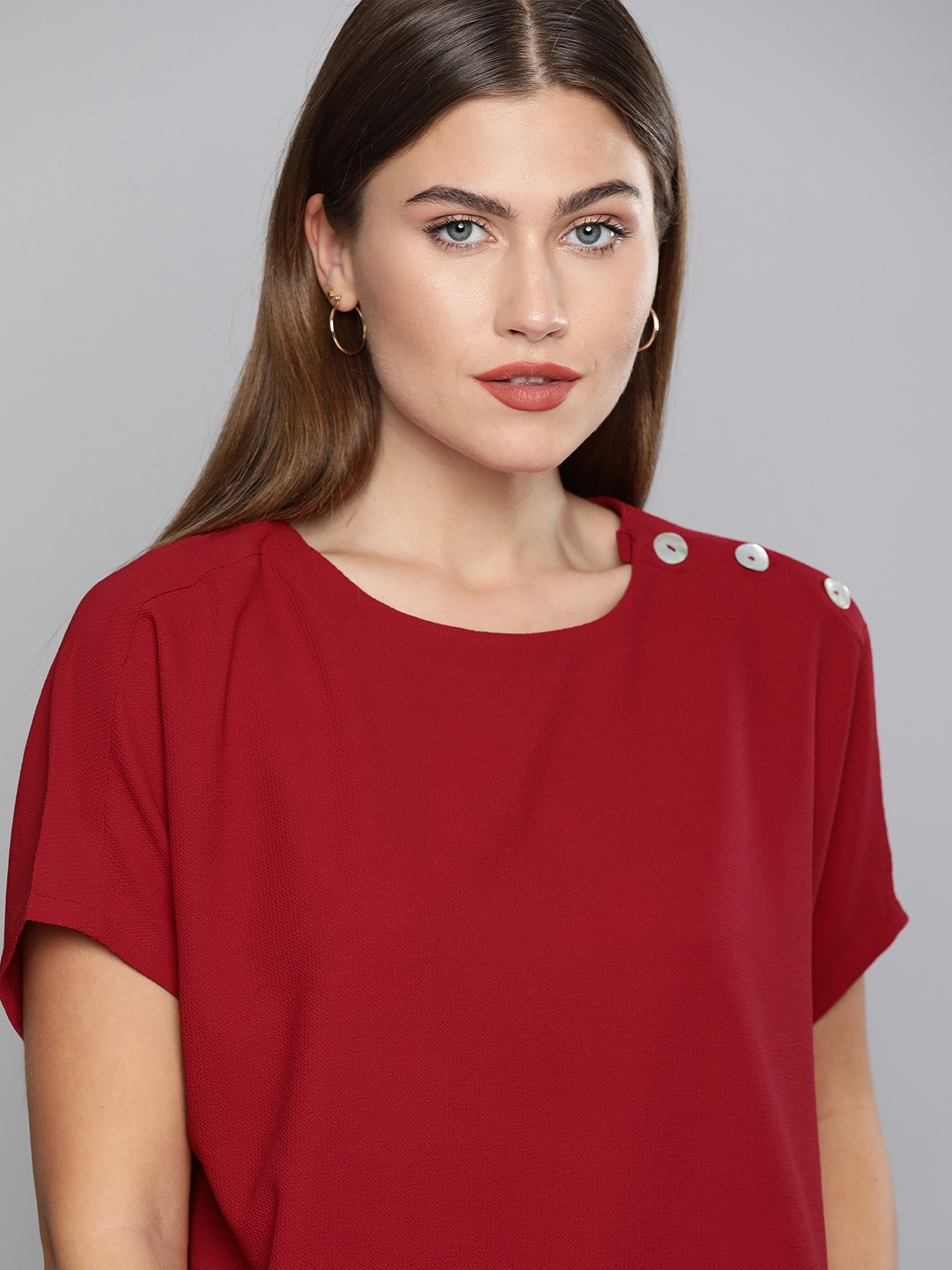 

Chemistry Red Solid Boxy Top With Buttons Detailing