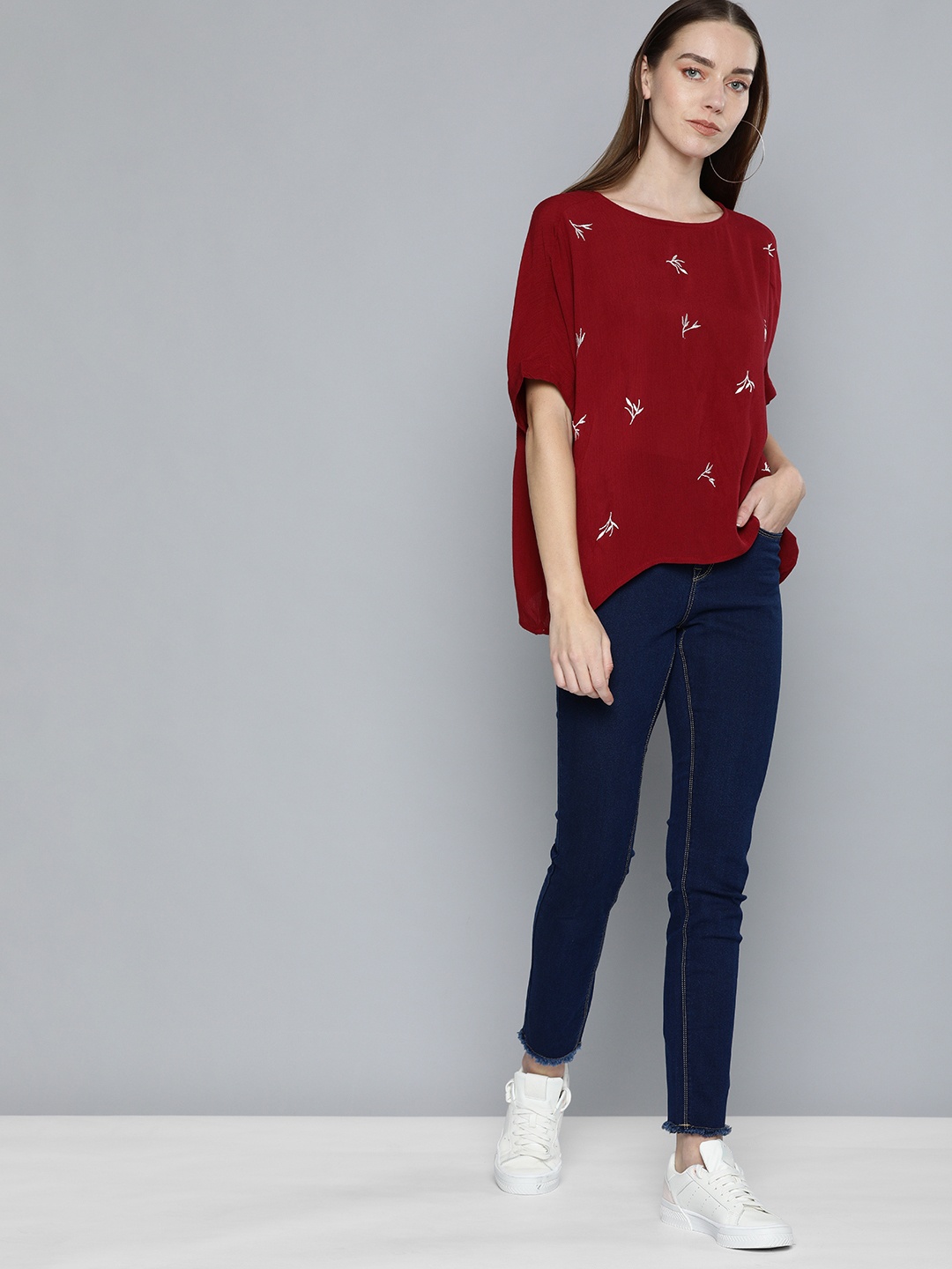 

Chemistry Red Floral Embroidered Extended Sleeves Boxy Top