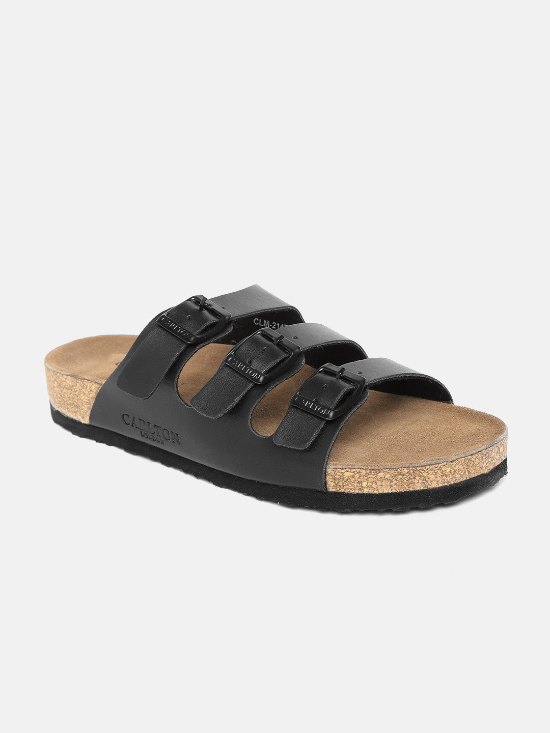

Carlton London Men Black Solid Comfort Sandals with Cut-Out & Buckle Detail