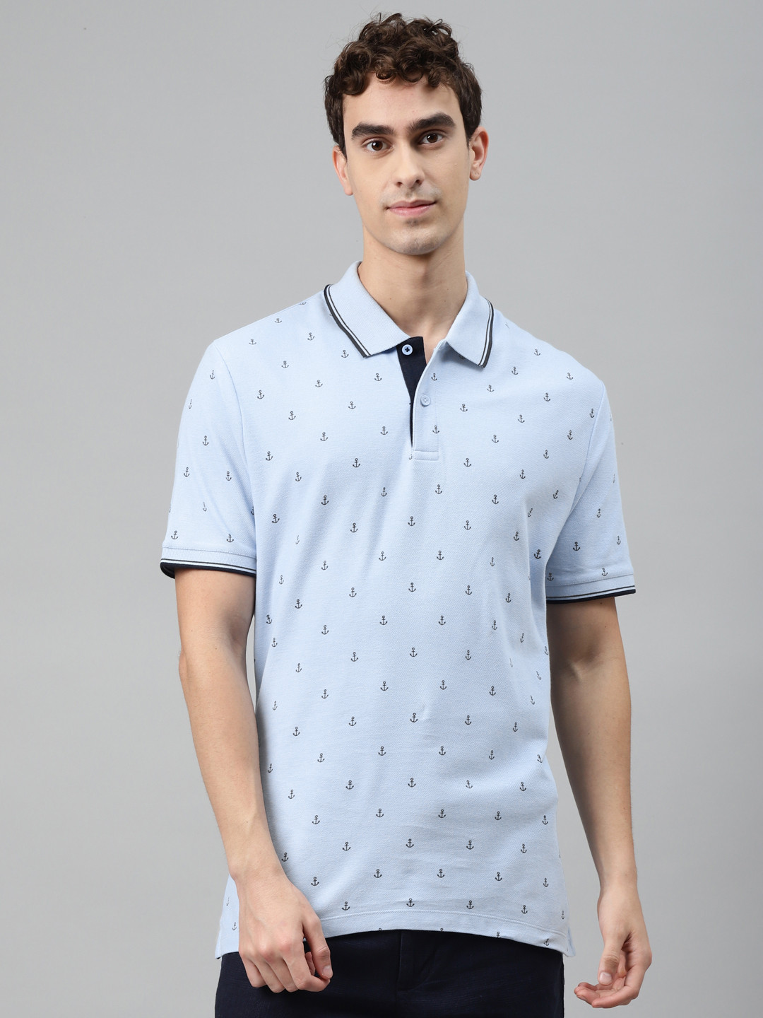 

Marks Spencer Men Blue Pure Cotton Anchor Print Polo Collar Pure Cotton T-shirt
