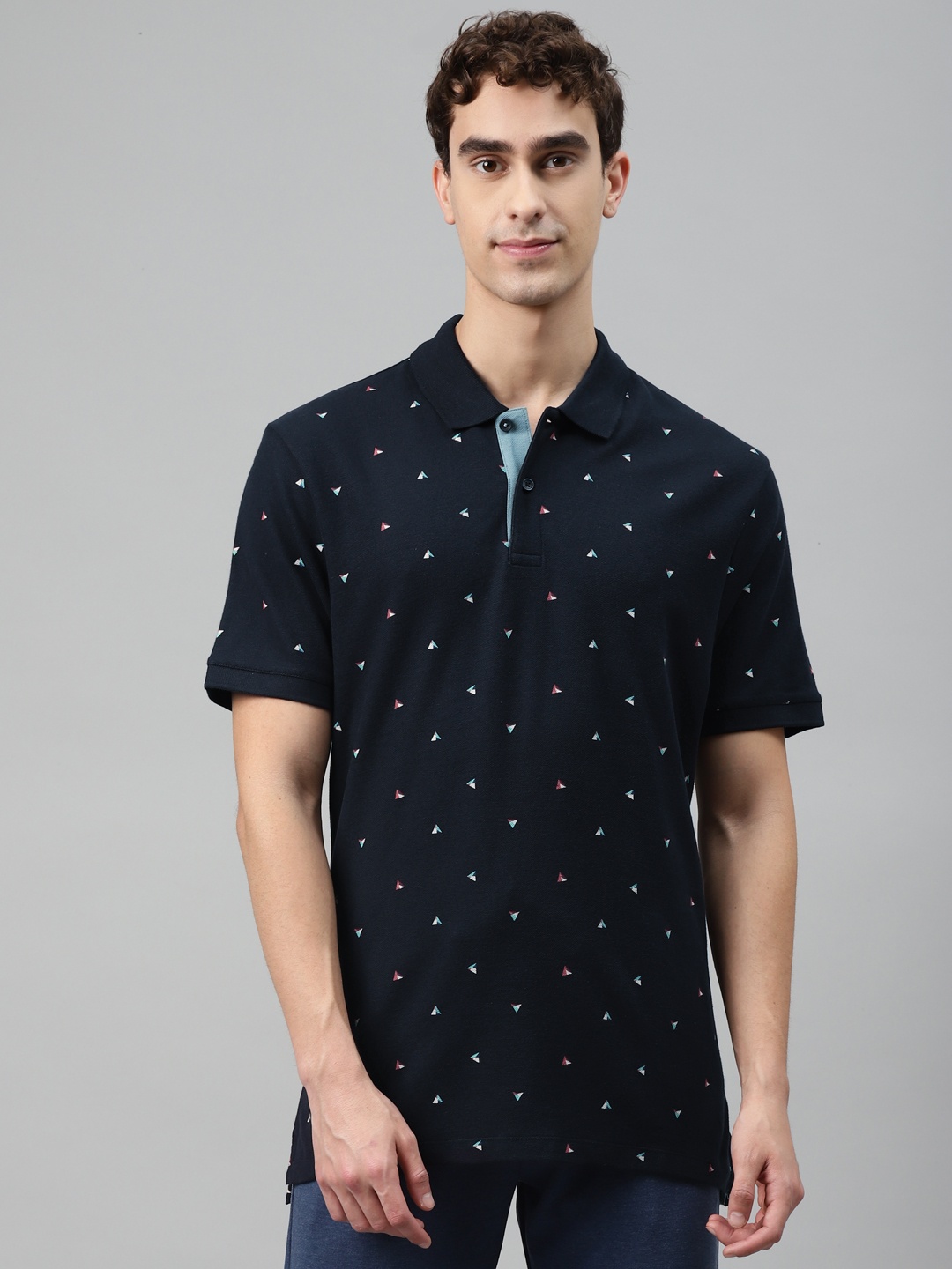 

Marks & Spencer Men Navy Blue Geometric Ditsy Print Polo Collar T-shirt