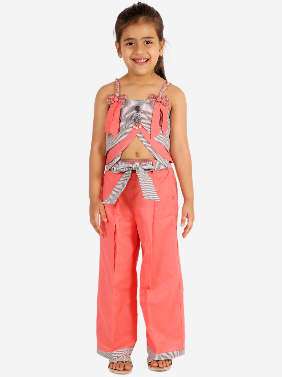 

Twisha Girls Grey & Coral Striped Top with Palazzos