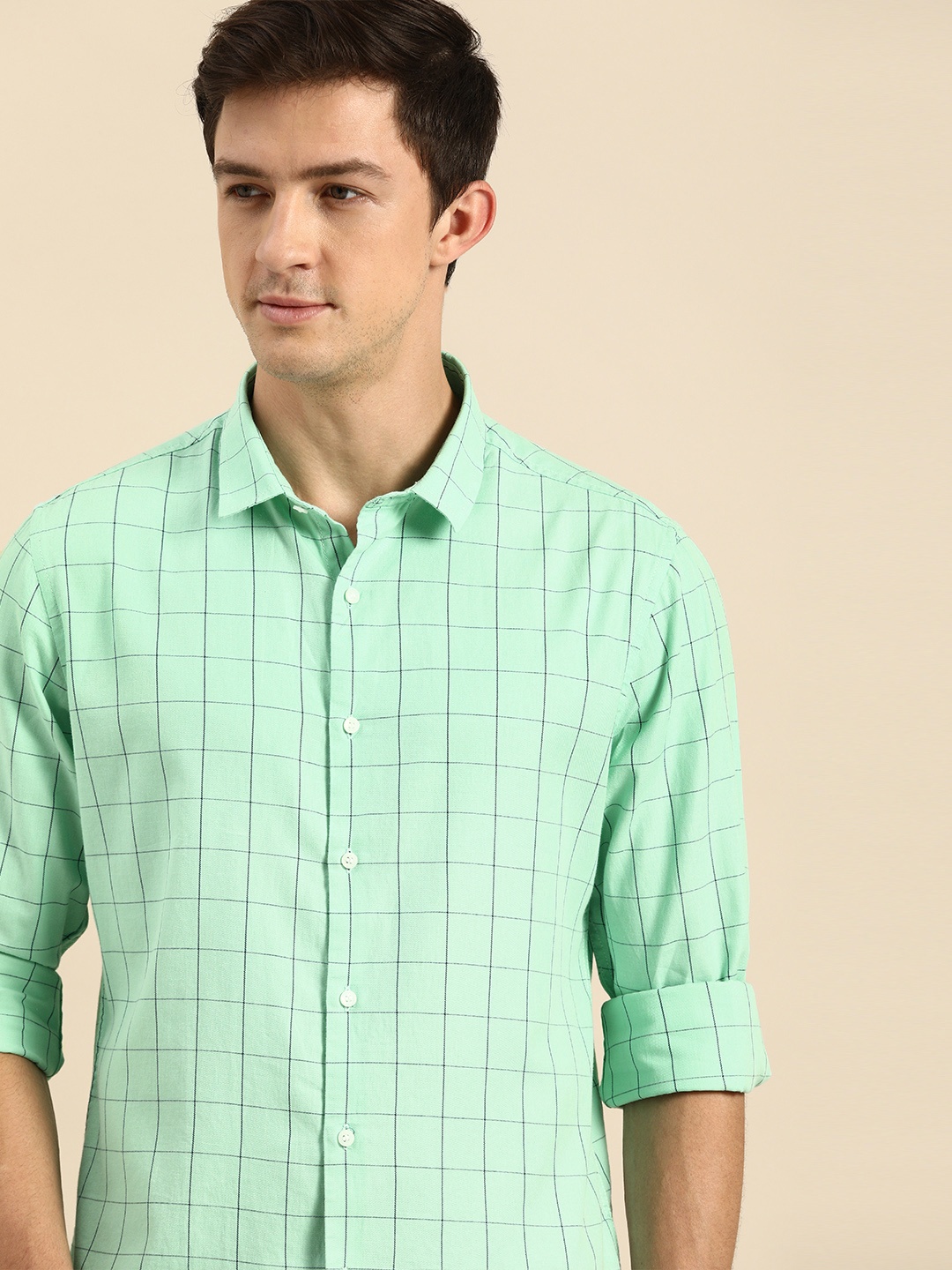 

ether Men Green Checked Pure Cotton Casual Shirt