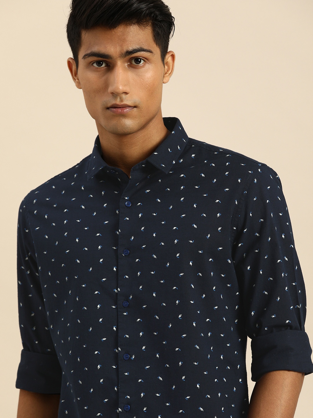 

ether Men Navy Blue Printed Pure Cotton Casual Shirt