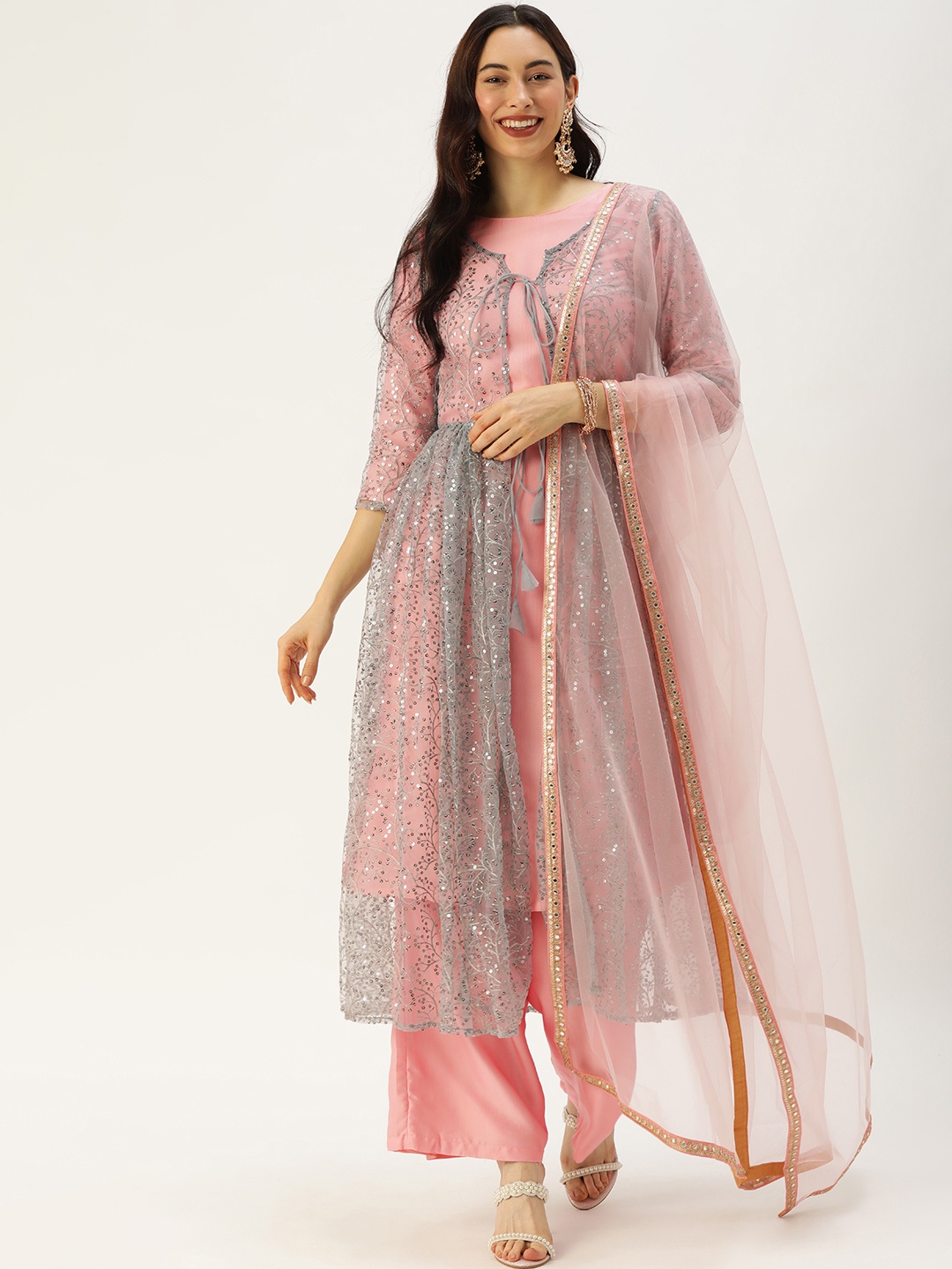 

Ethnovog Women Peach-Coloured Made to Measure Kurta Set With Dupatta Ethnic Jacket