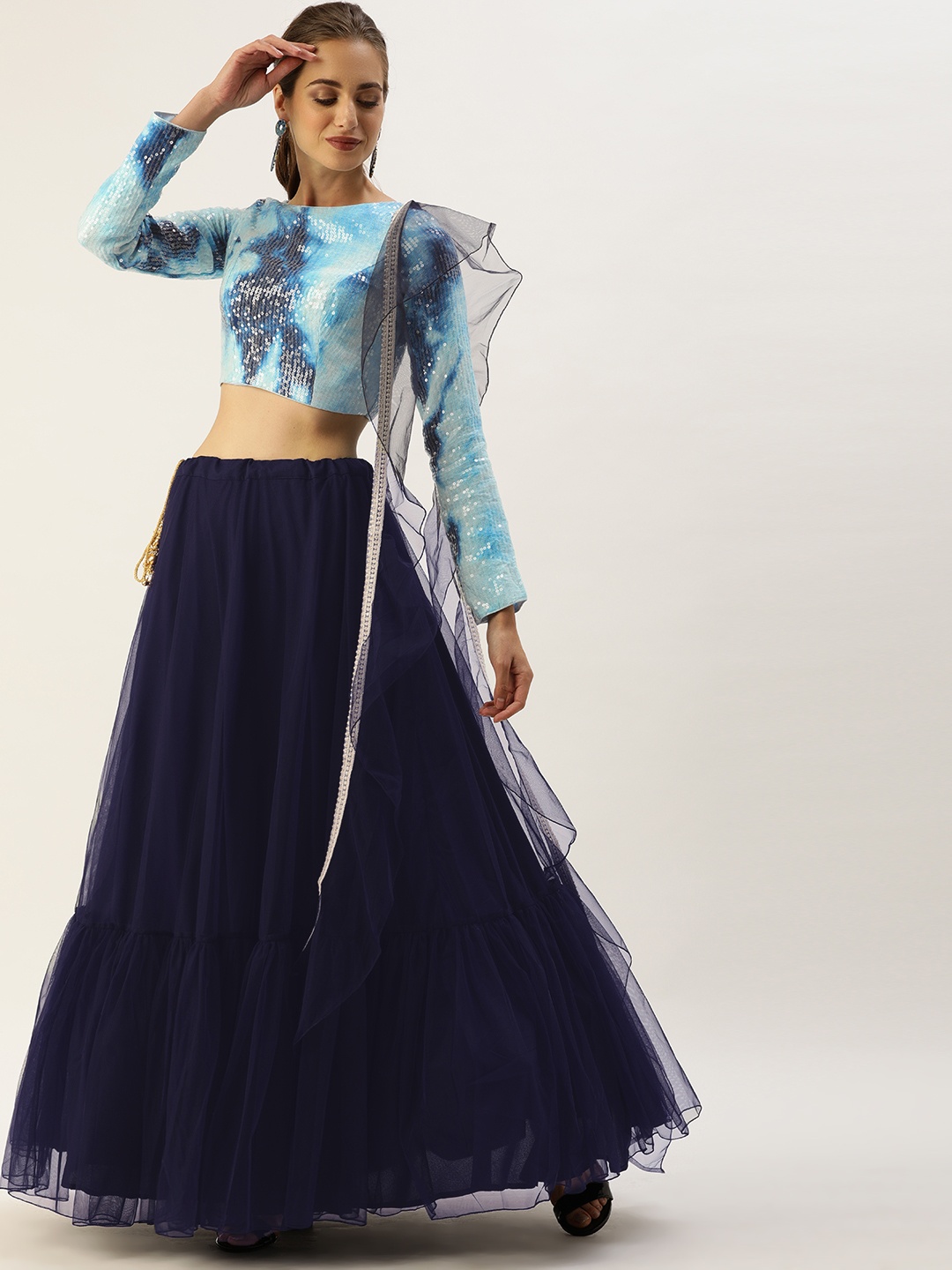 

Ethnovog Navy Blue White Dyed Sequinned Made to Measure Lehenga Blouse With Dupatta