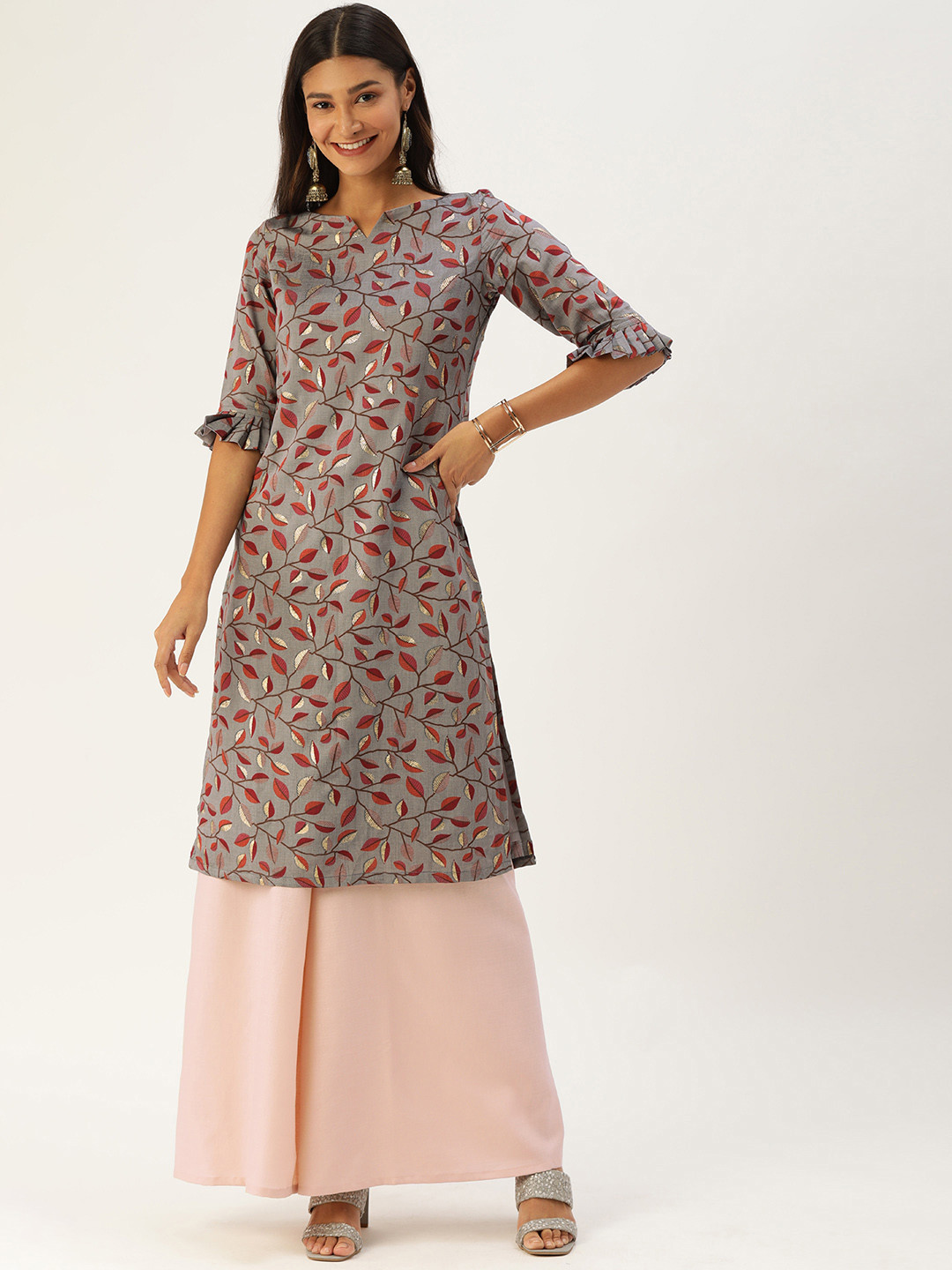 

Ethnovog Women Grey Floral Printed Made To Measure Kurta with Palazzos
