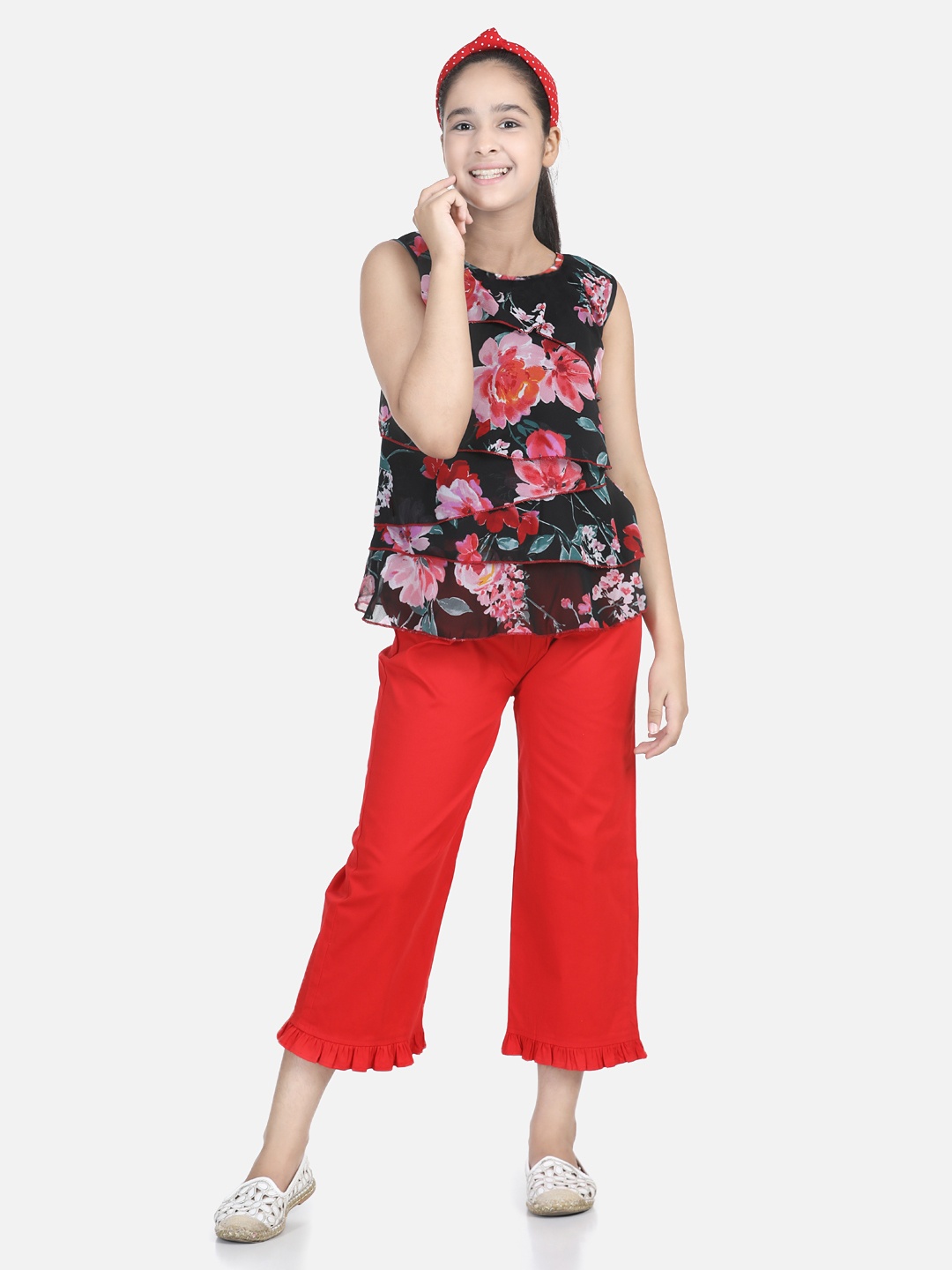 

Cutiekins Girls Black & Red Printed Top with Capris