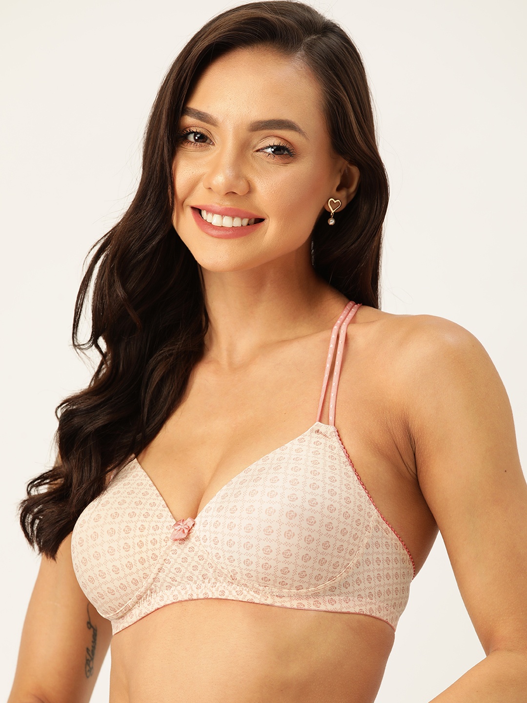 

DressBerry Off White & Pink Printed T-shirt Bra Medium Coverage Lightly Padded