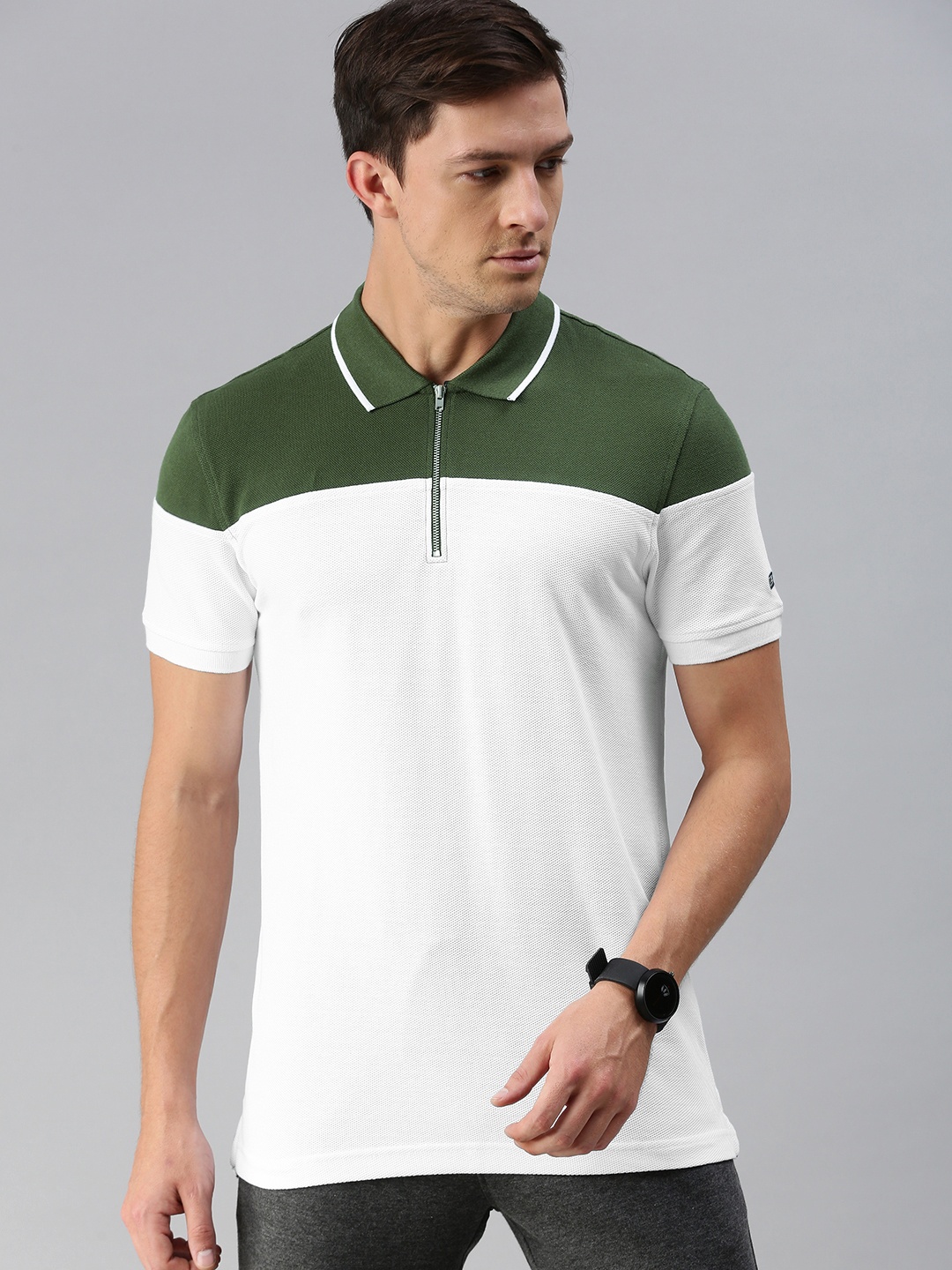 

Arrow Sport Men Green White Colourblocked Polo Collar Pure Cotton T-shirt