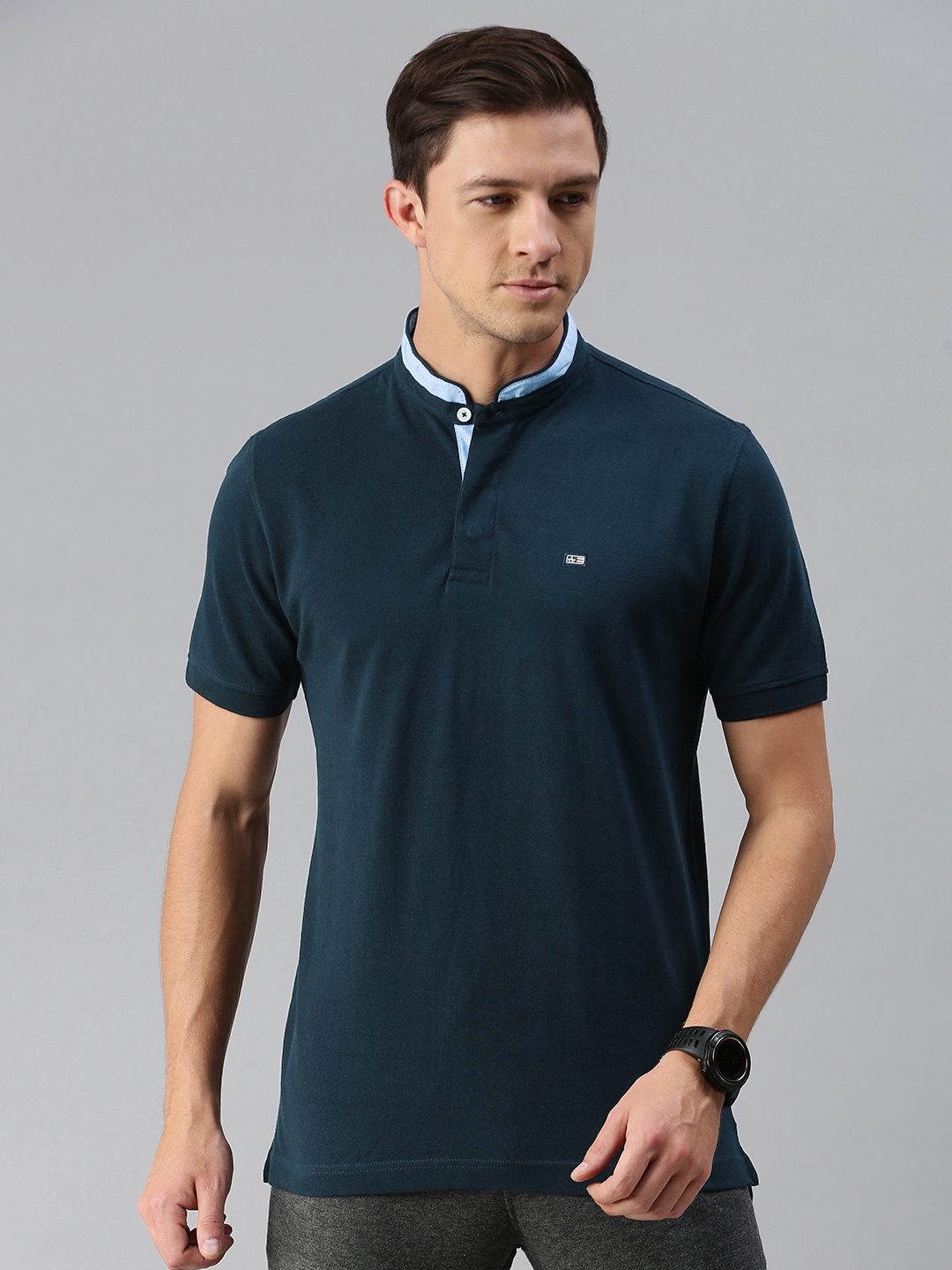 

Arrow Sport Men Navy Blue Solid Mandarin Collar Pure Cotton T-shirt