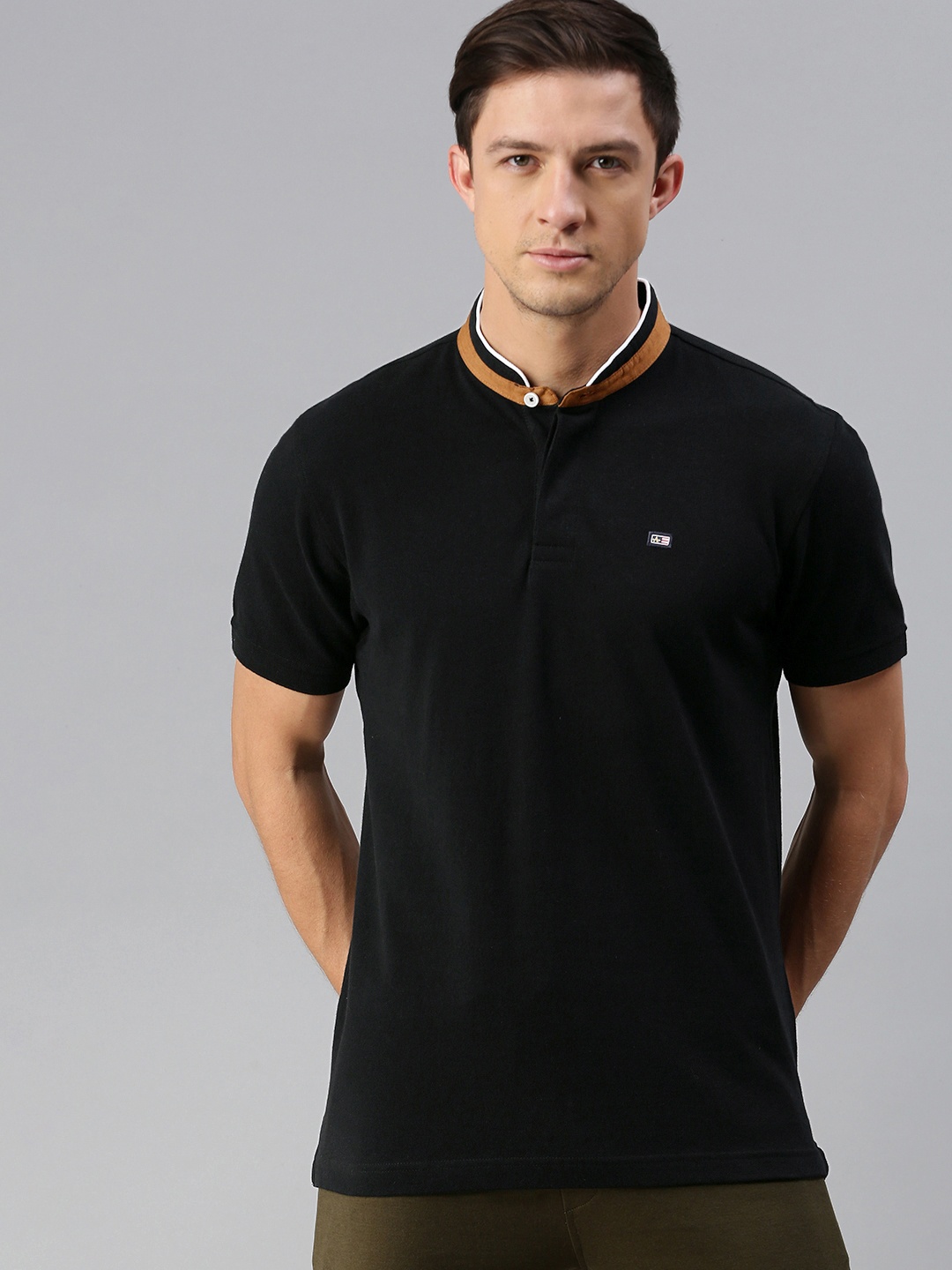 

Arrow Sport Men Black Solid Mandarin Collar Pure Cotton T-shirt
