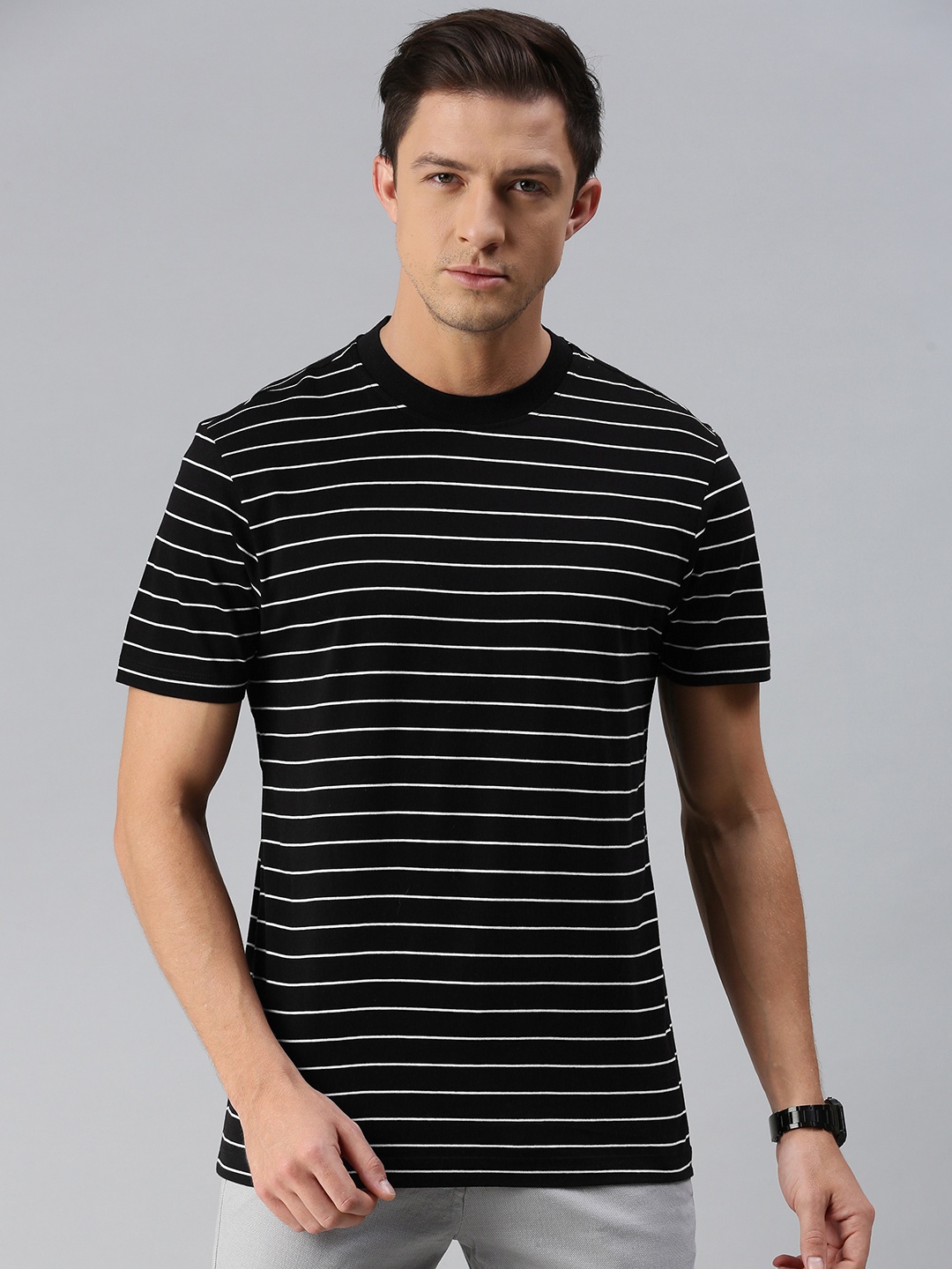 

Arrow Sport Men Black White Striped Pure Cotton T-shirt