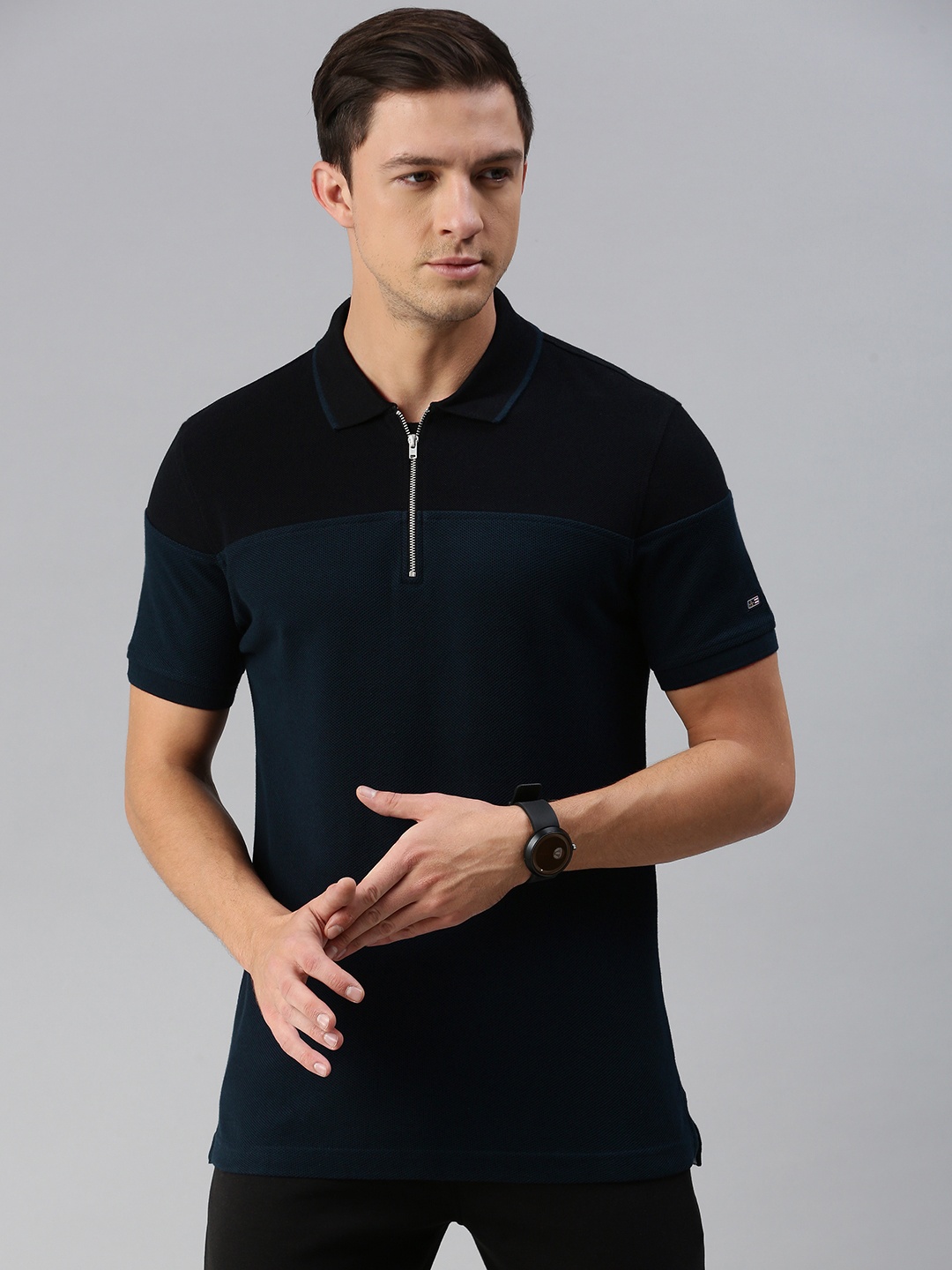 

Arrow Sport Men Navy Blue Black Colourblocked Polo Collar Pure Cotton T-shirt