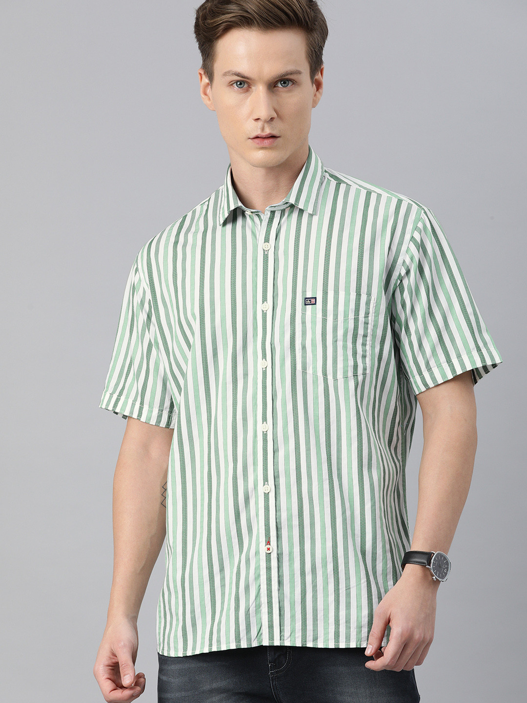 

Arrow Sport Men White & Olive Green Striped Cotton Casual Shirt