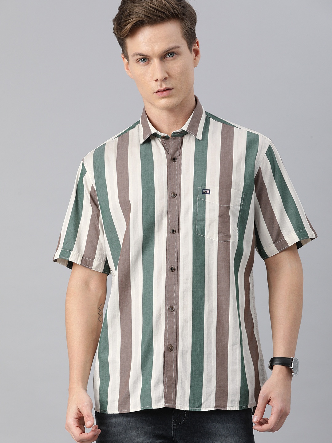 

Arrow Sport Men Off White & Olive Green Striped Cotton Casual Shirt
