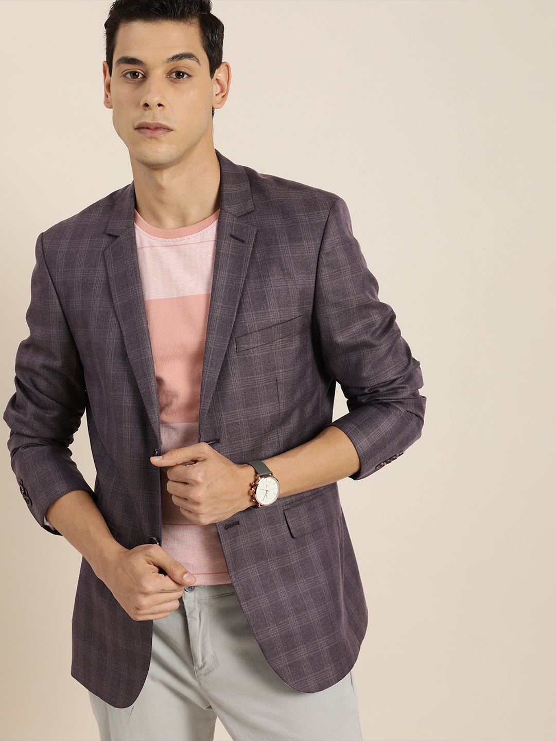 

INVICTUS Men Purple & Grey Checked Slim Fit Single-Breasted Formal Blazer