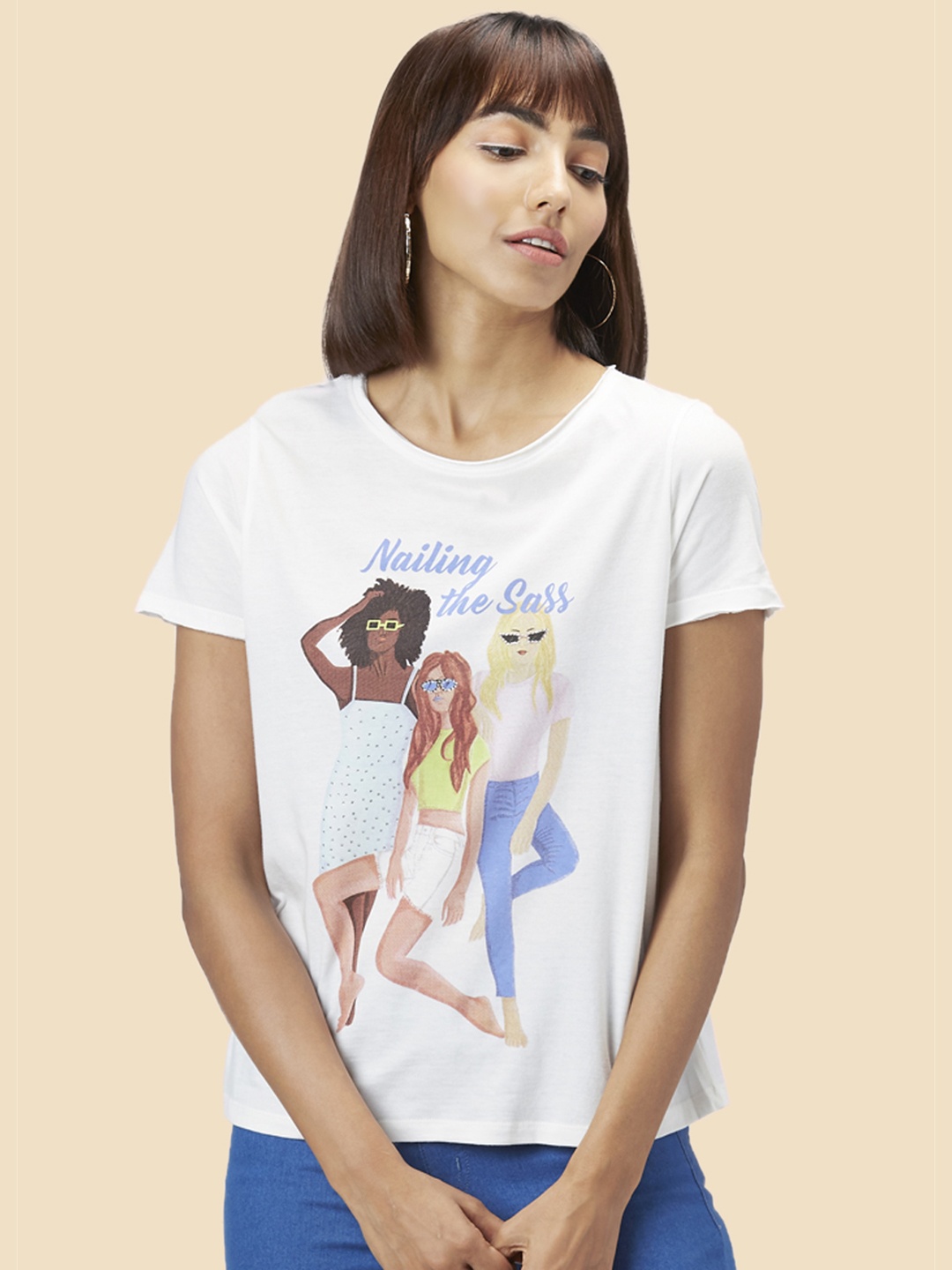 

People Women Off-White Printed Round Neck T-shirt