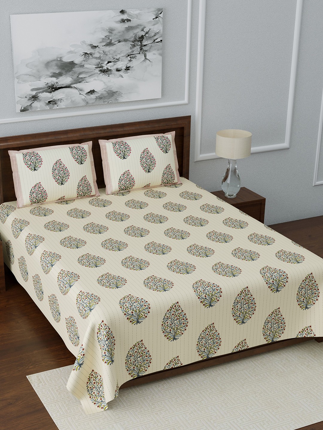 

LIVING ROOTS Off-White & Blue Ethnic Motifs 180 TC Cotton 1 King Bedsheet with 2 Pillow Covers