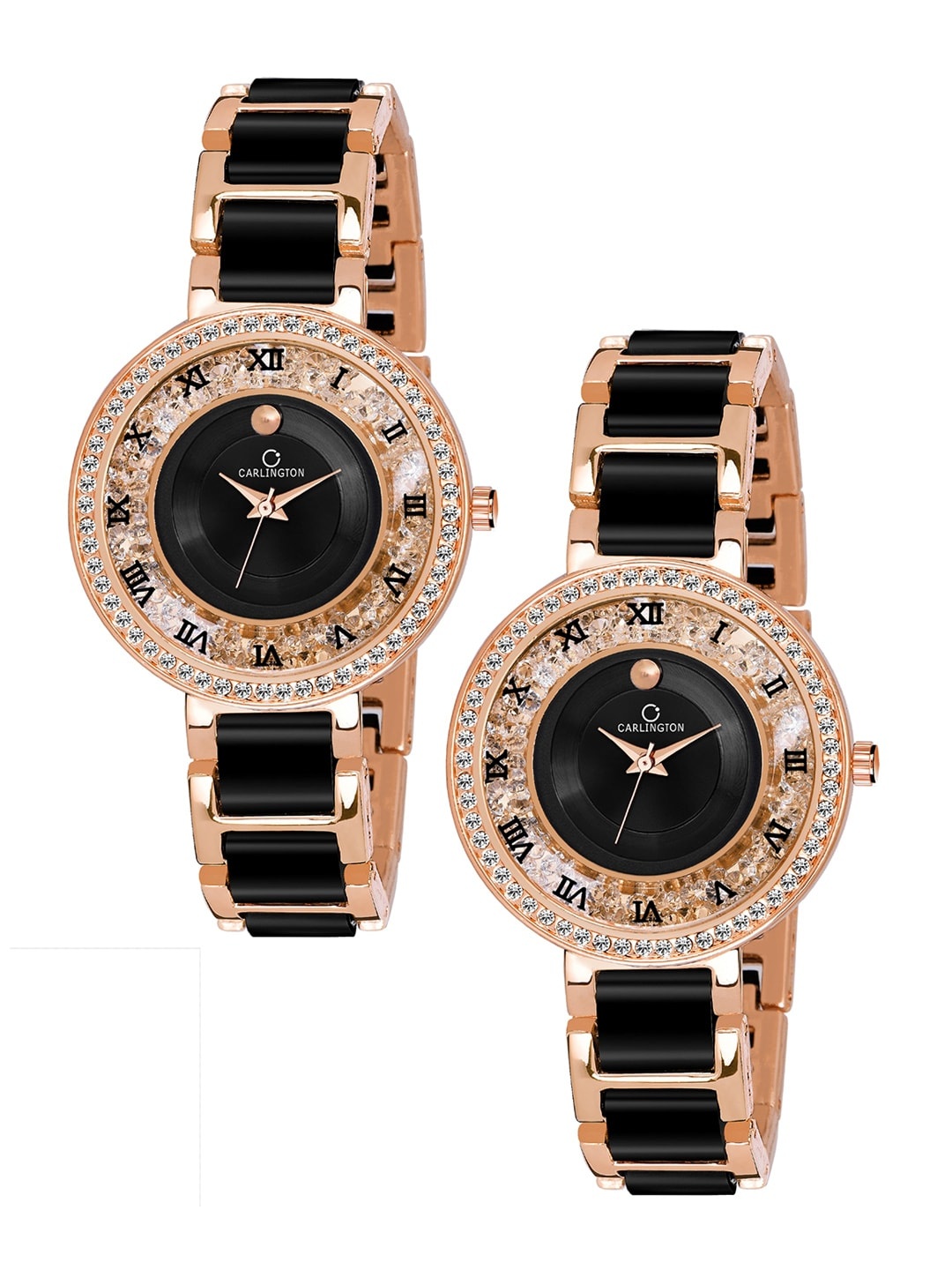 

CARLINGTON Set of 2 Women Black & Rose Gold Analogue Watch Combo 2X Mova RoseBlack