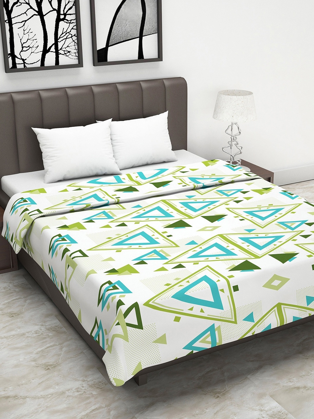 

Divine Casa White & Turquoise Blue Geometric AC Room 110 GSM Double Bed Dohar