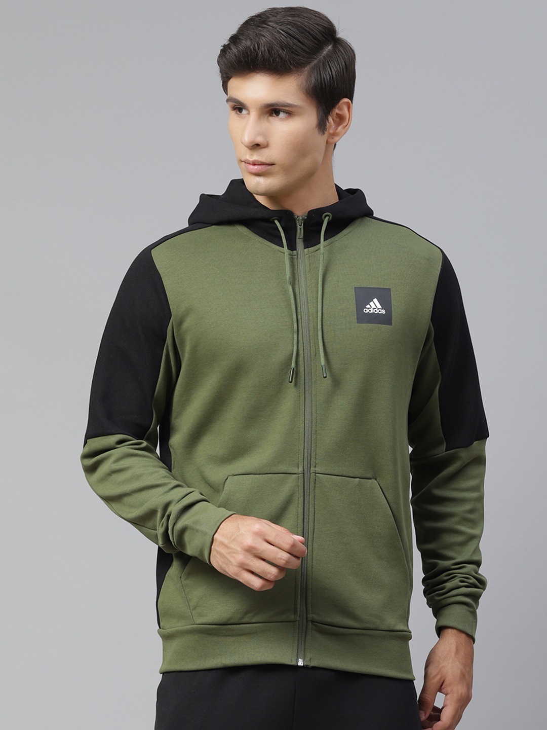 

ADIDAS Men Olive Green & Black Must Have Full Zip Hooded Sporty Jacket