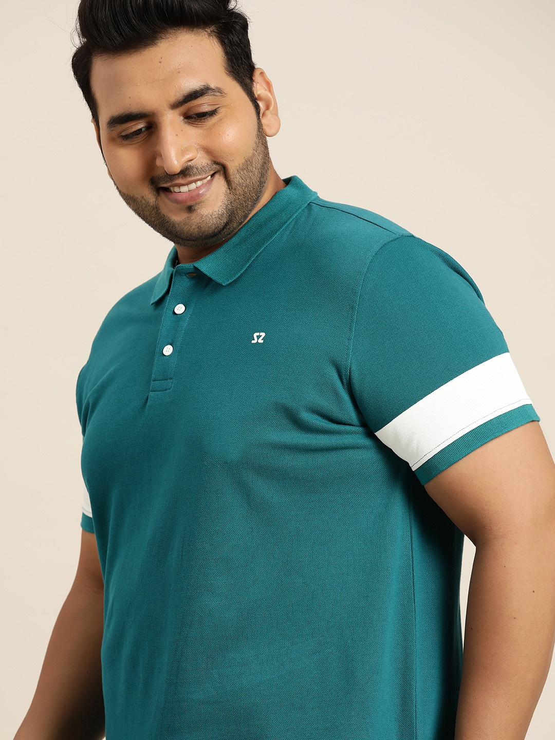 

Sztori Men Plus Size Teal Blue Polo Collar Pure Cotton T-shirt