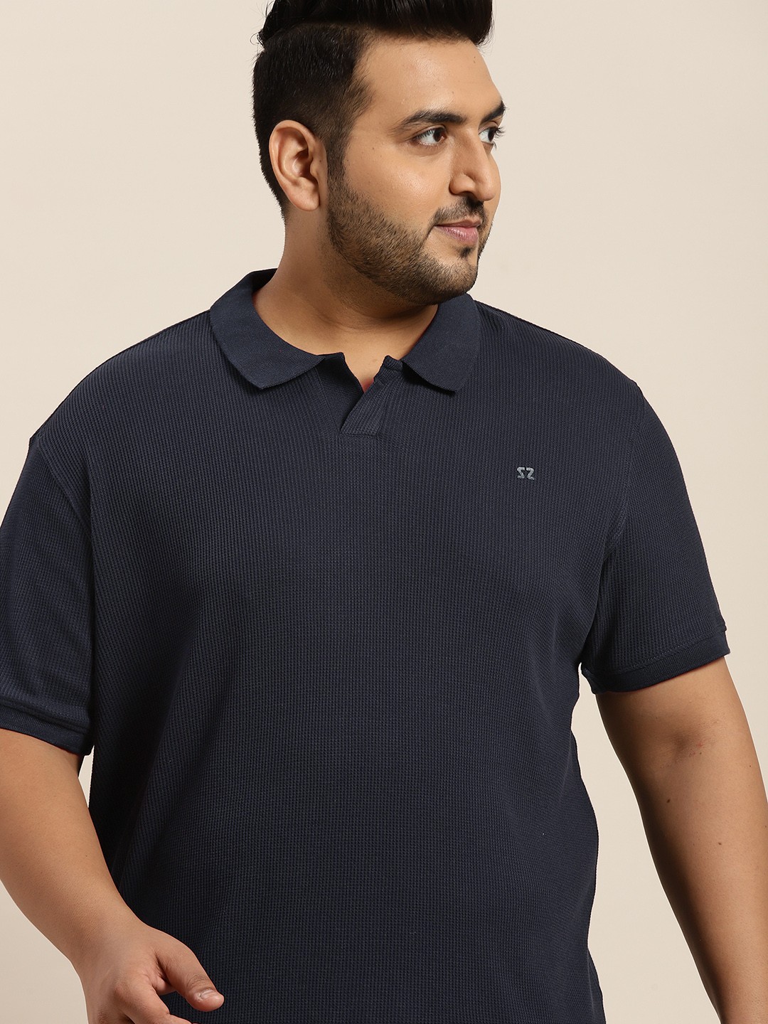 

Sztori Men Plus Size Navy Blue Pure Cotton Self-Design Polo Collar Pure Cotton T-shirt