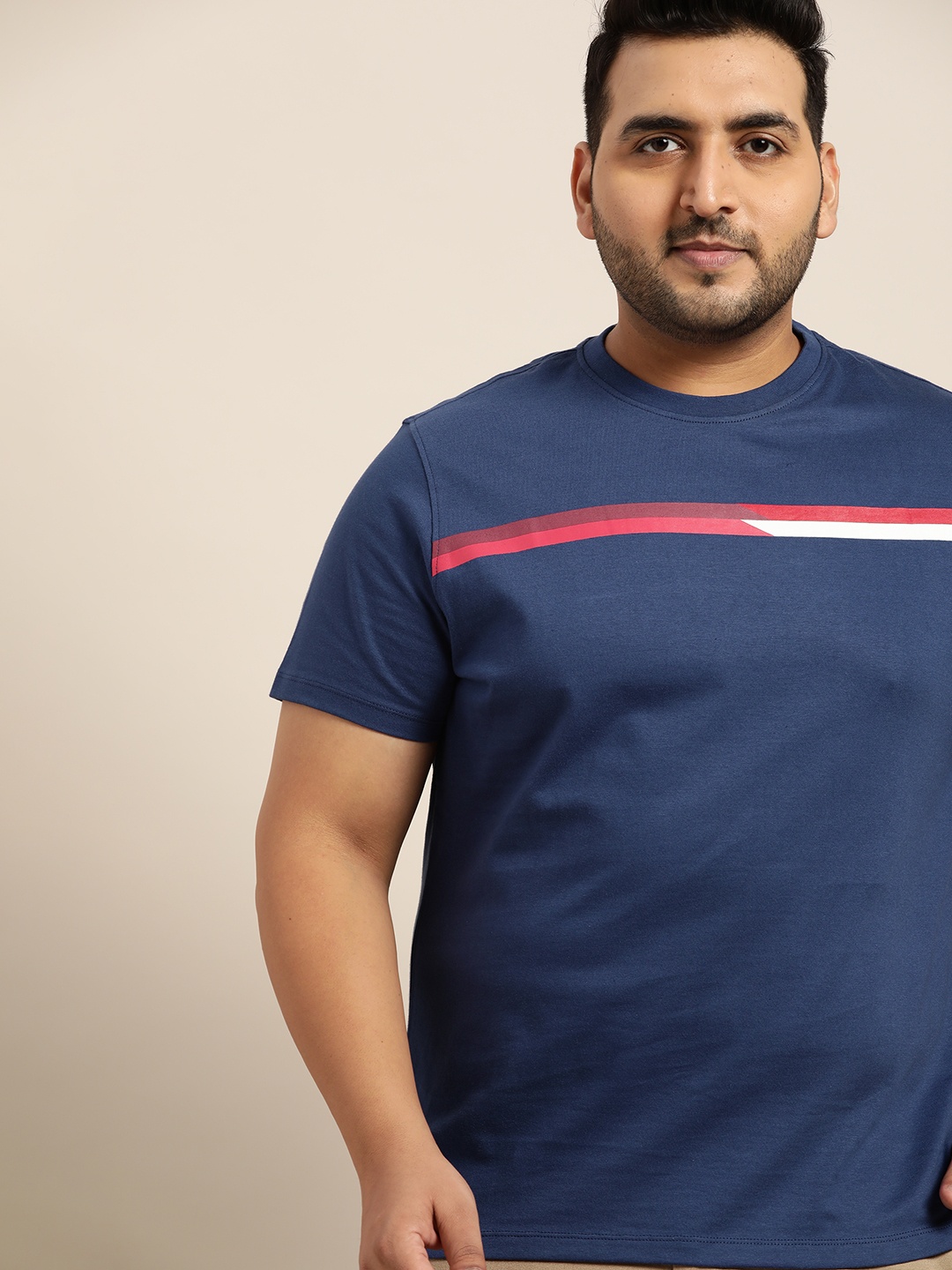 

Sztori Men Plus Size Blue T-shirt with Chest Striped Detail