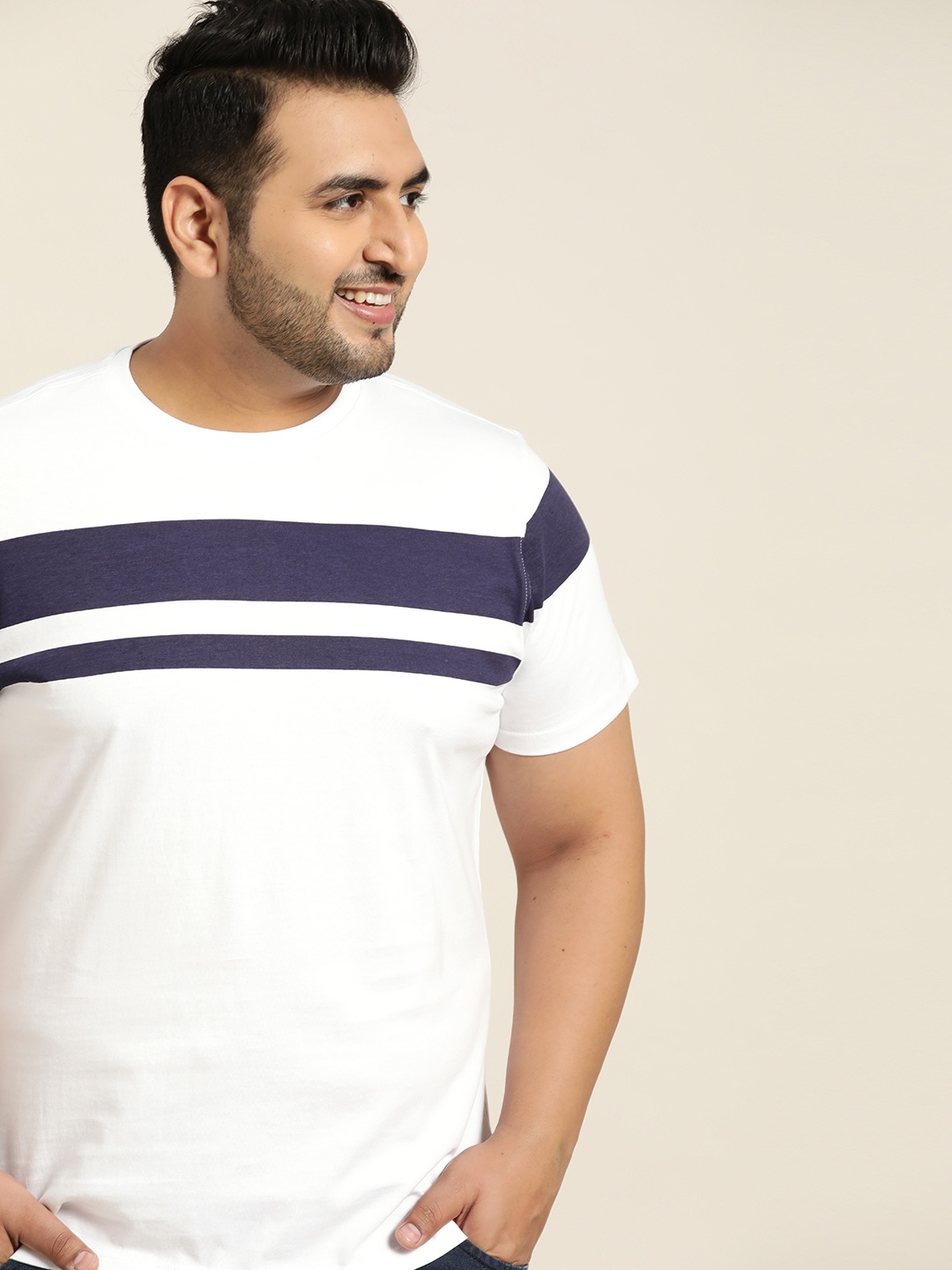 

Sztori Men Plus Size White & Navy Blue Striped T-shirt