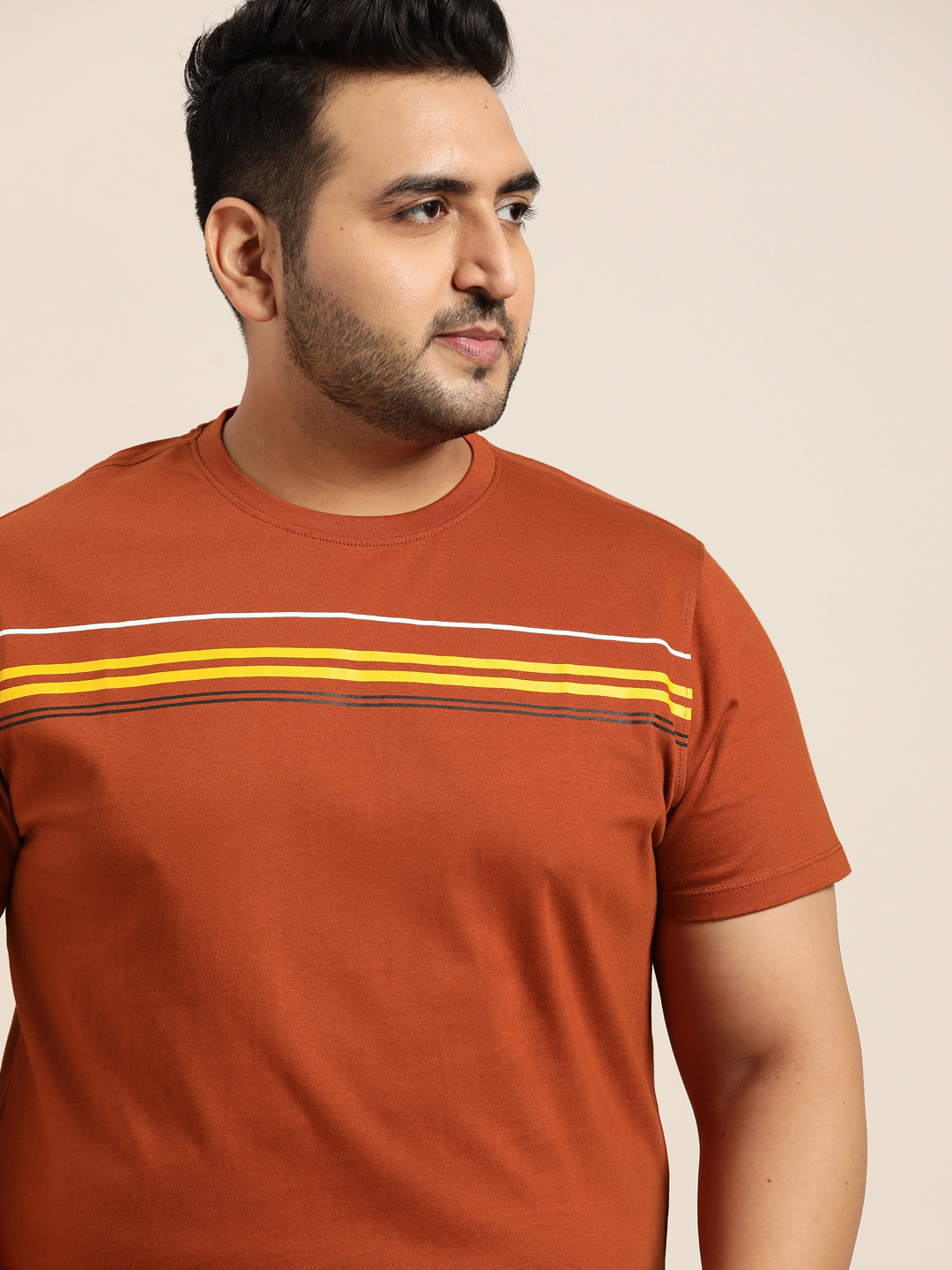 

Sztori Men Plus Size Rust Orange & Mustard Yellow Pure Cotton Striped T-shirt