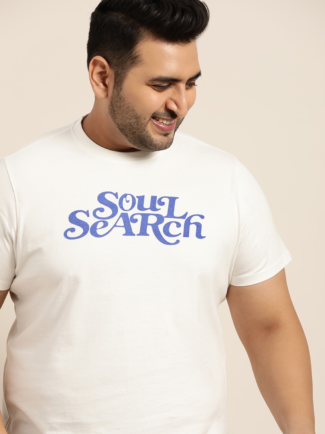 

Sztori Men Plus Size White & Blue Printed Pure Cotton T-shirt