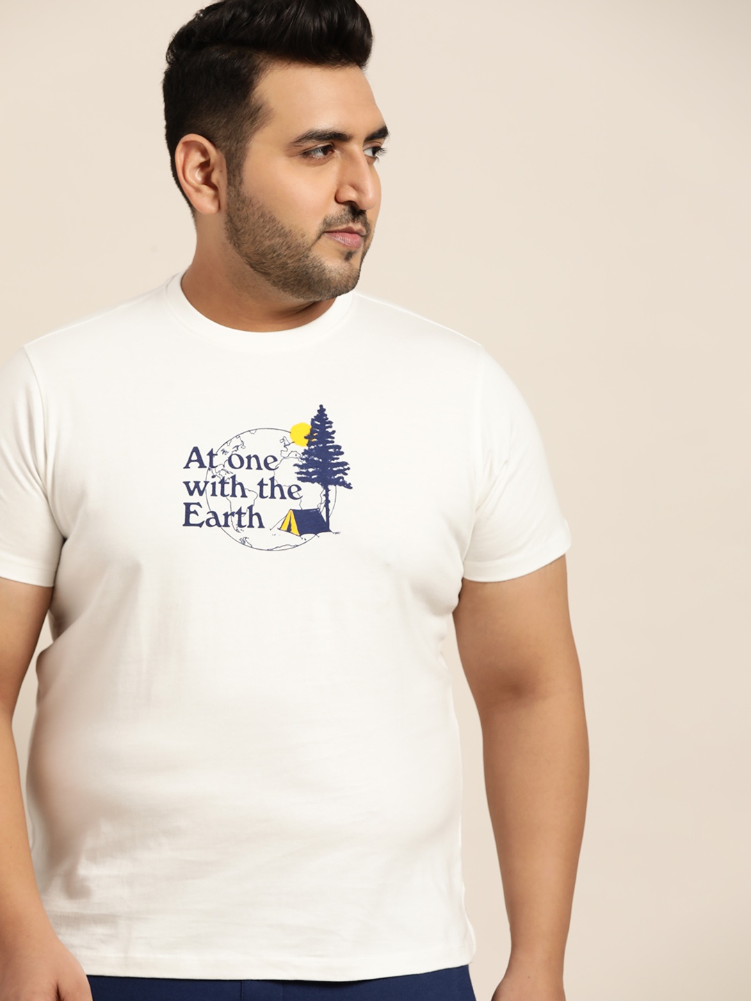 

Sztori Men Plus Size White & Navy Blue Printed Pure Cotton T-shirt