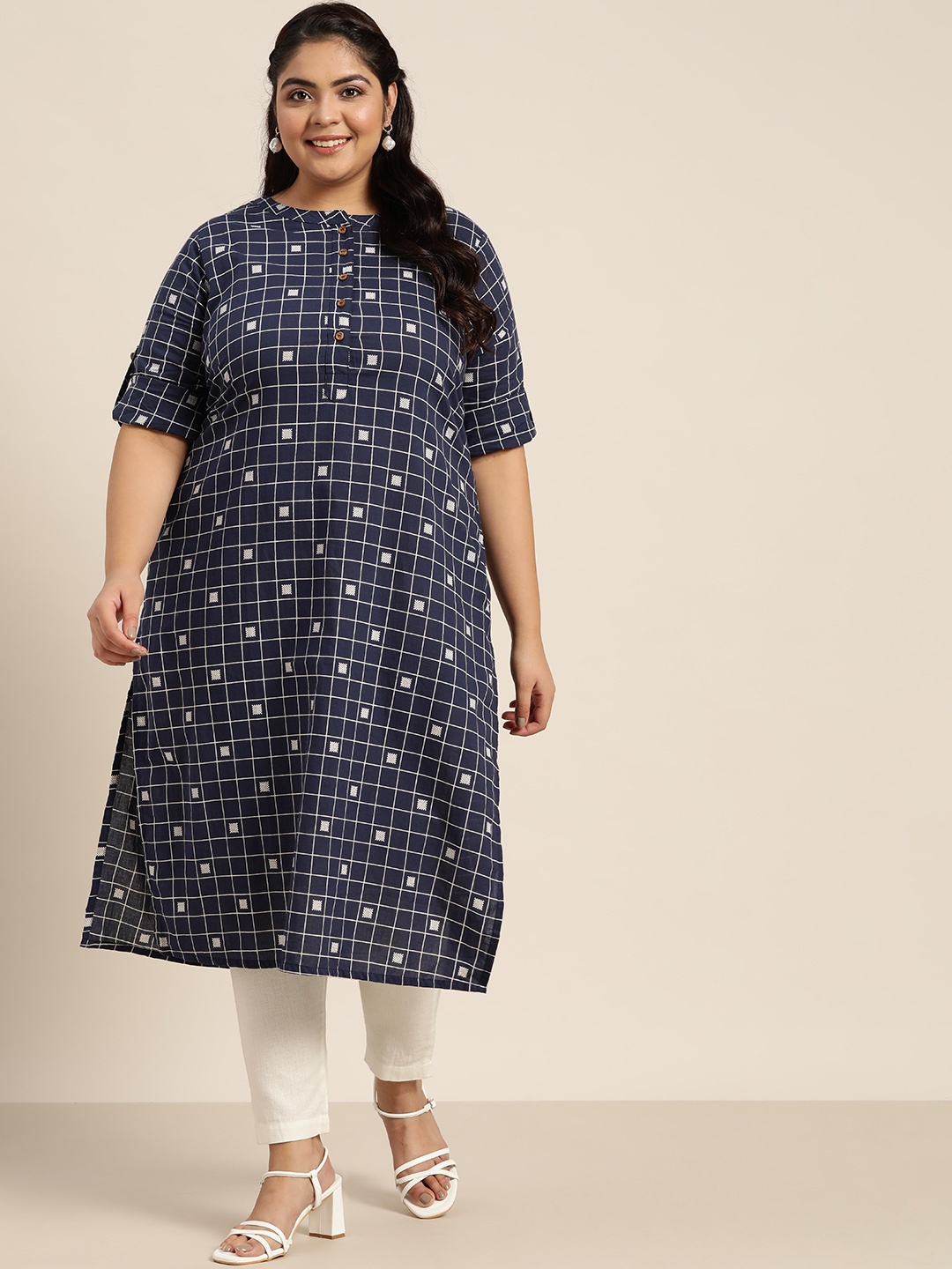 

Sztori Women Plus Size Navy Blue & White Geometric Printed Kurta