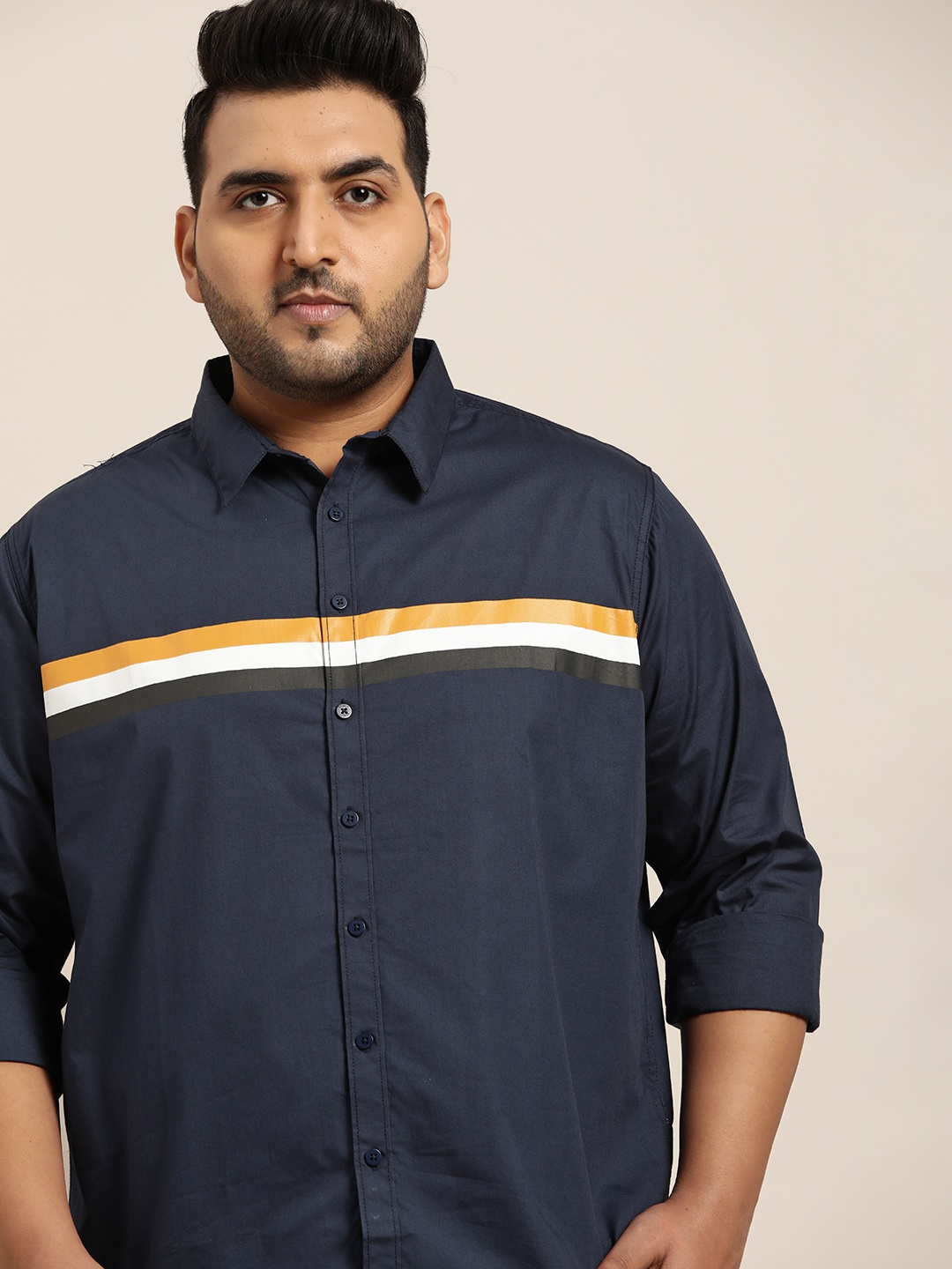 Sztori Men Plus size Navy Blue & White Stripes Pure Cotton Casual Shirt