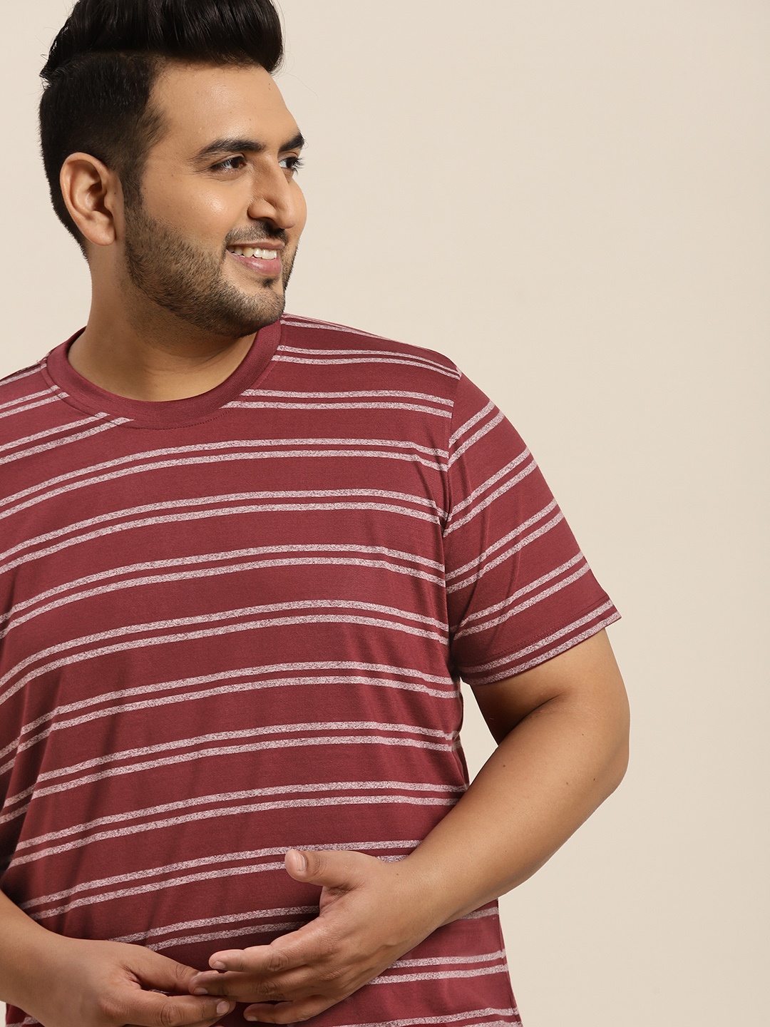 

Sztori Men Plus Size Maroon & Off White Striped T-shirt