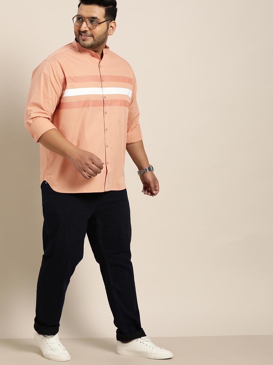 

Sztori Men Plus Size Peach-Colored & White Stripes Pure Cotton Casual Shirt