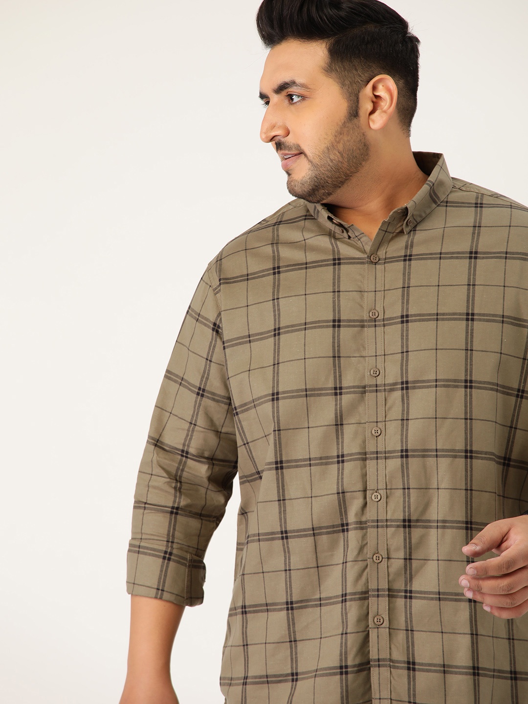 

Sztori Men Plus Size Beige Tartan Checks Checked Casual Shirt