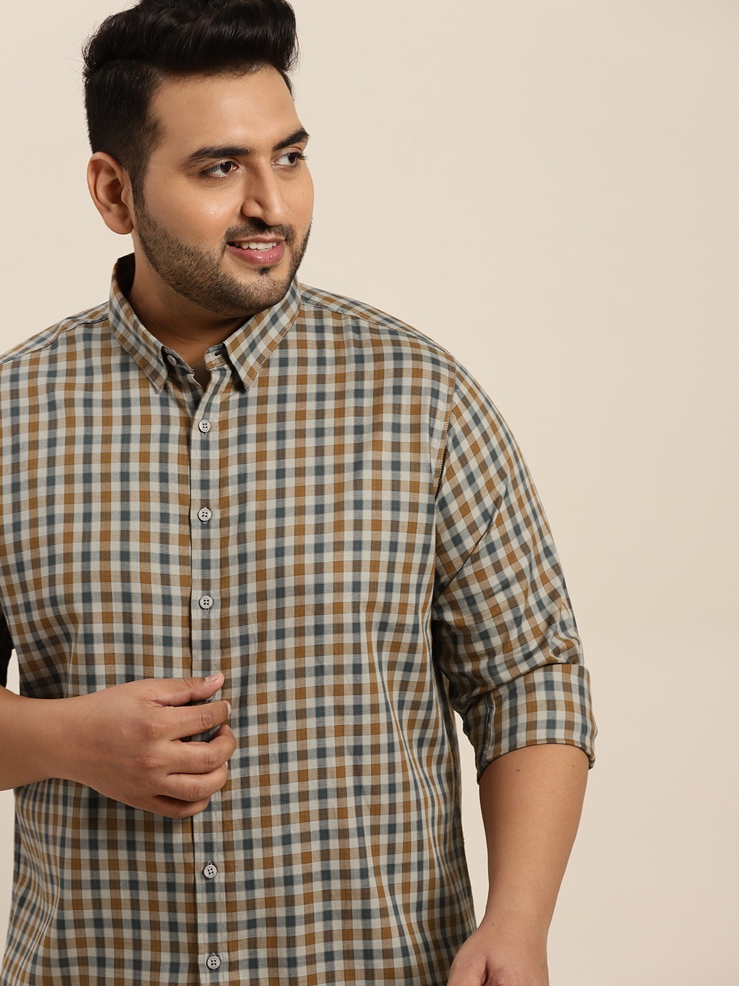 

Sztori Men Plus Size Green & Mustard Brown Gingham Checked Pure Cotton Casual Shirt