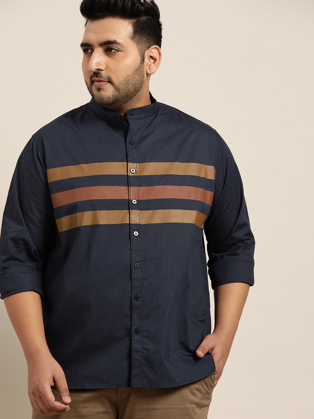 

Sztori Men Plus Size Navy Blue Pure Cotton Striped Casual Shirt