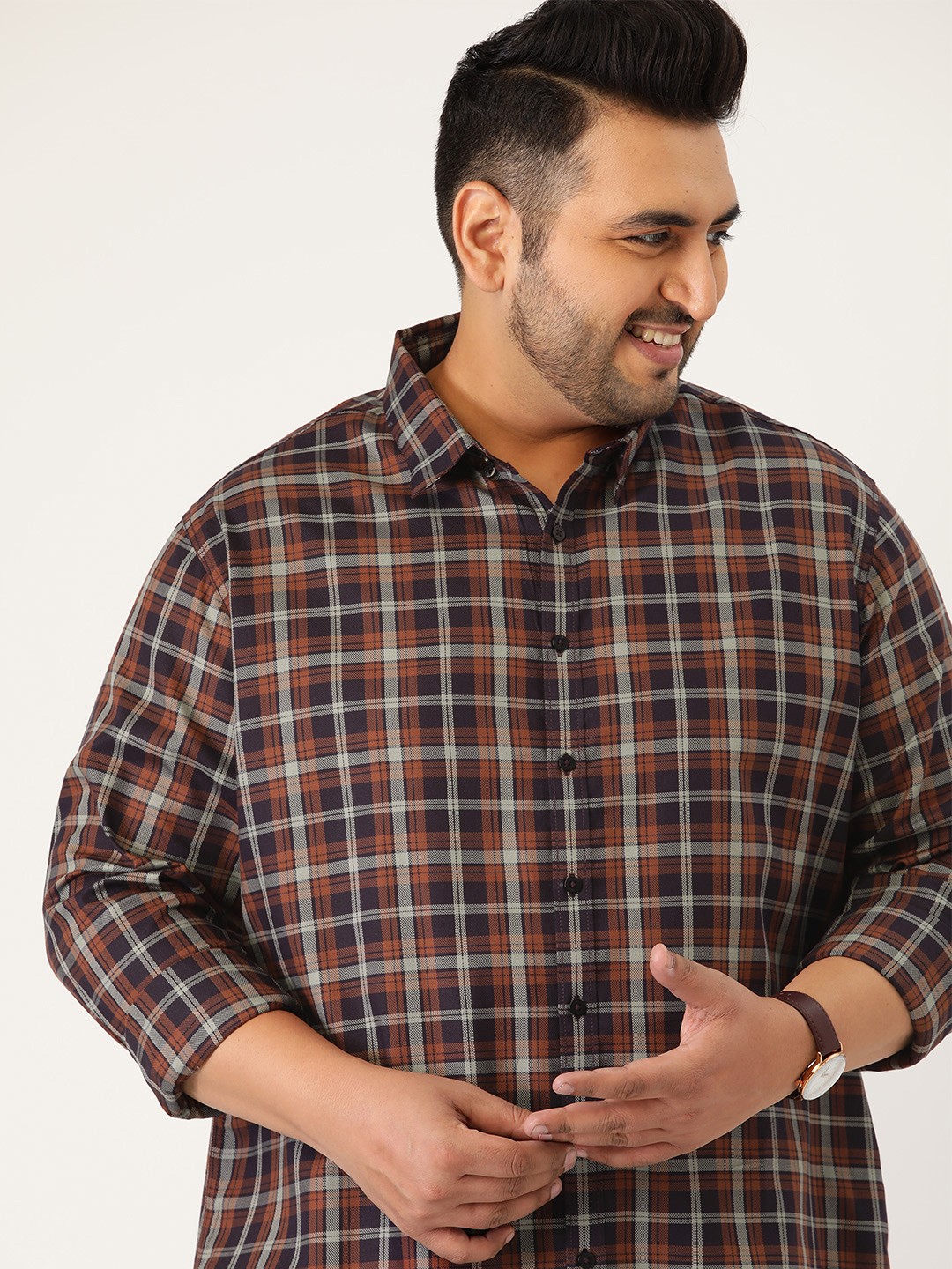 

Sztori Men Plus Size Navy Blue Tartan Checked Pure Cotton Casual Shirt