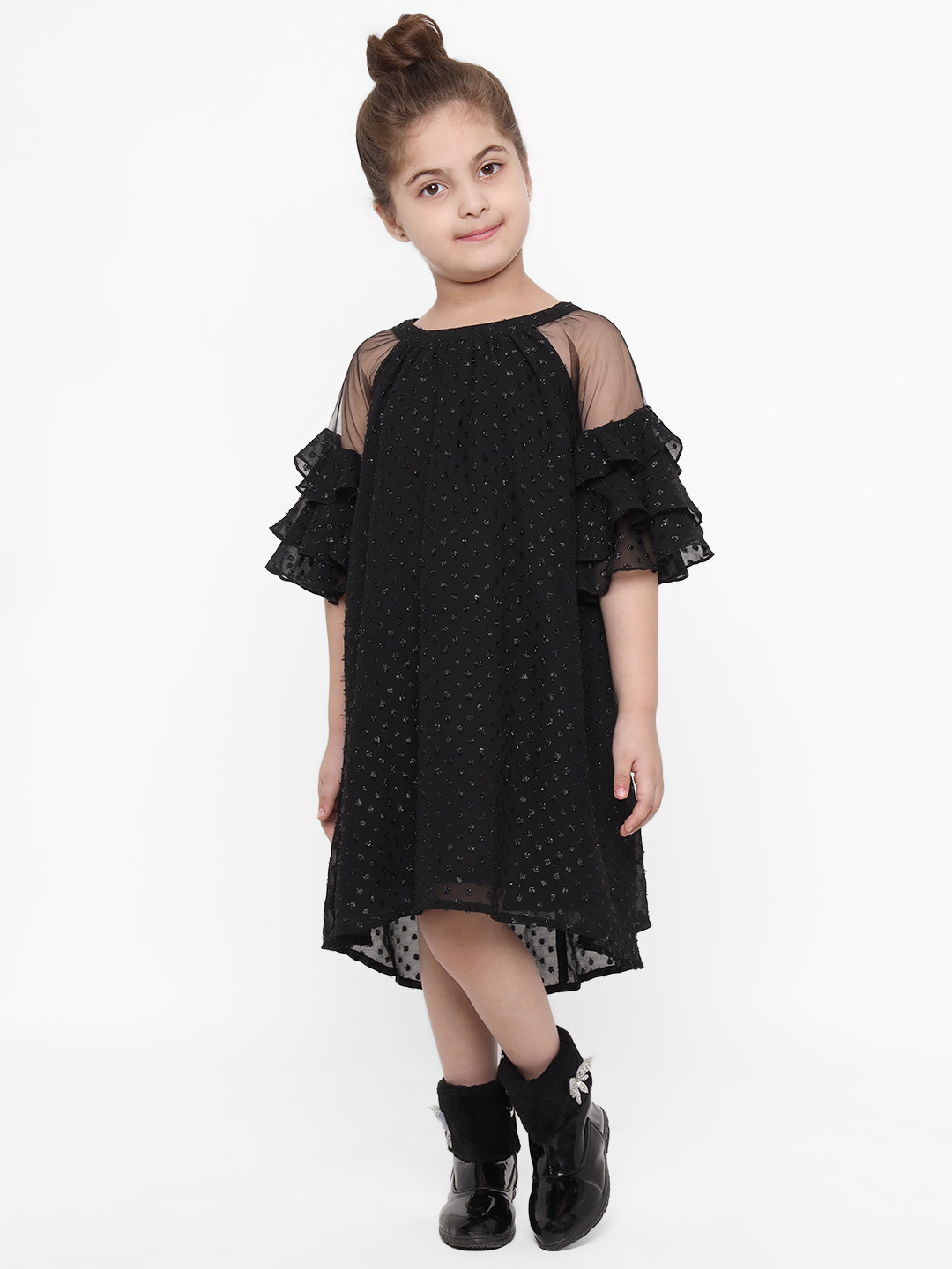 

Nauti Nati Girls Black Self Design A-Line Dress