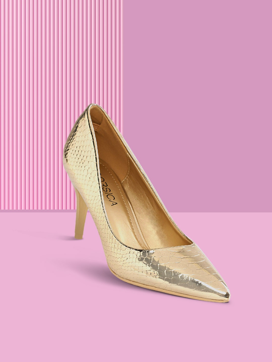 

CORSICA Women Gold-Toned Snakeskin Textured Pumps