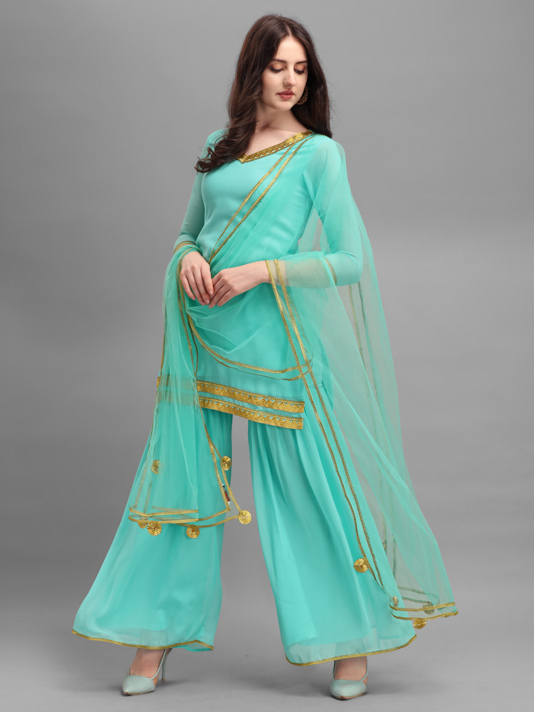 

Inddus Women Green Kurti with Sharara & With Dupatta