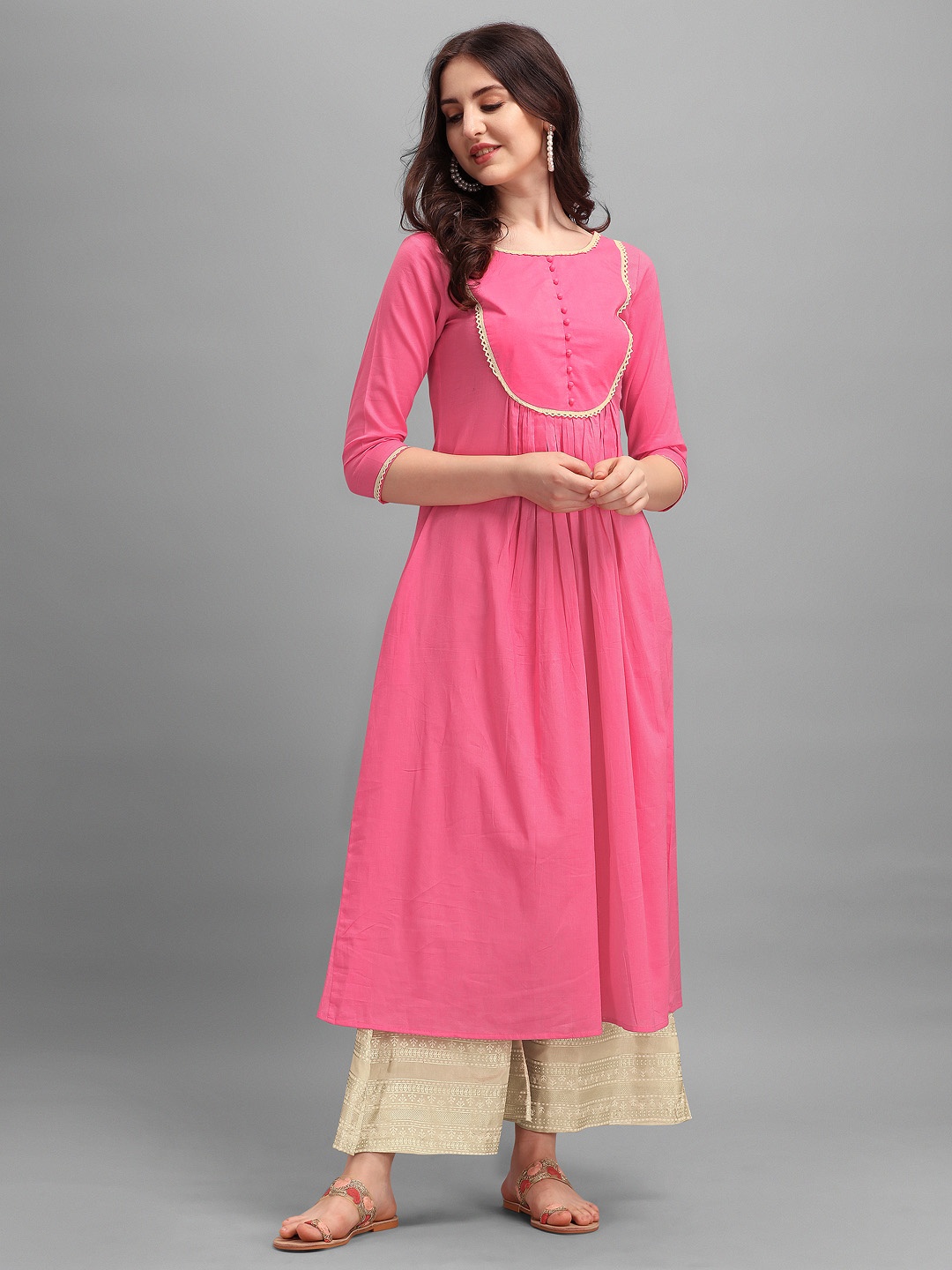 

Inddus Women Pink Yoke Design Pleated Cotton Kurta