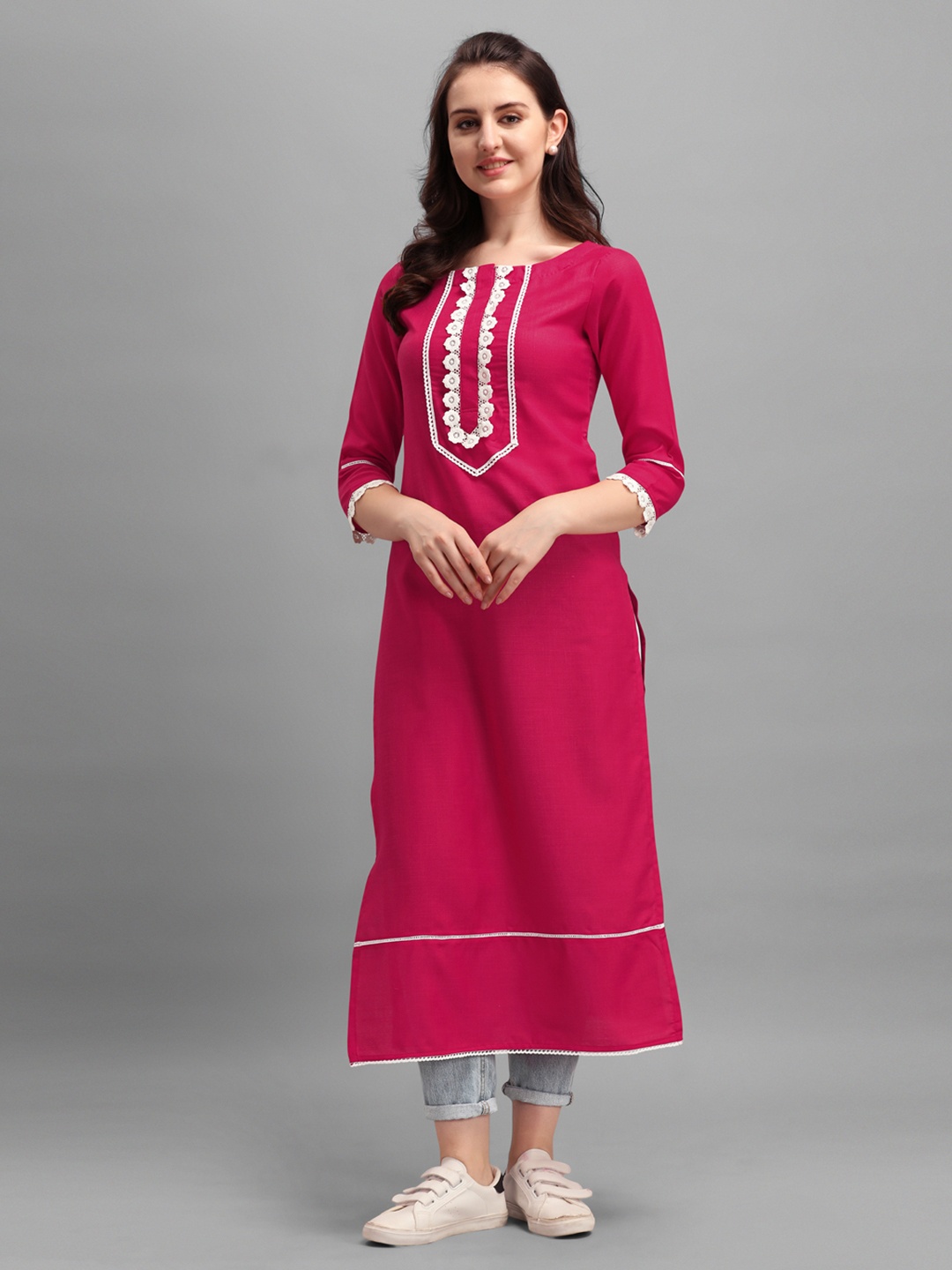 

Inddus Women Pink Floral Yoke Design Kurta